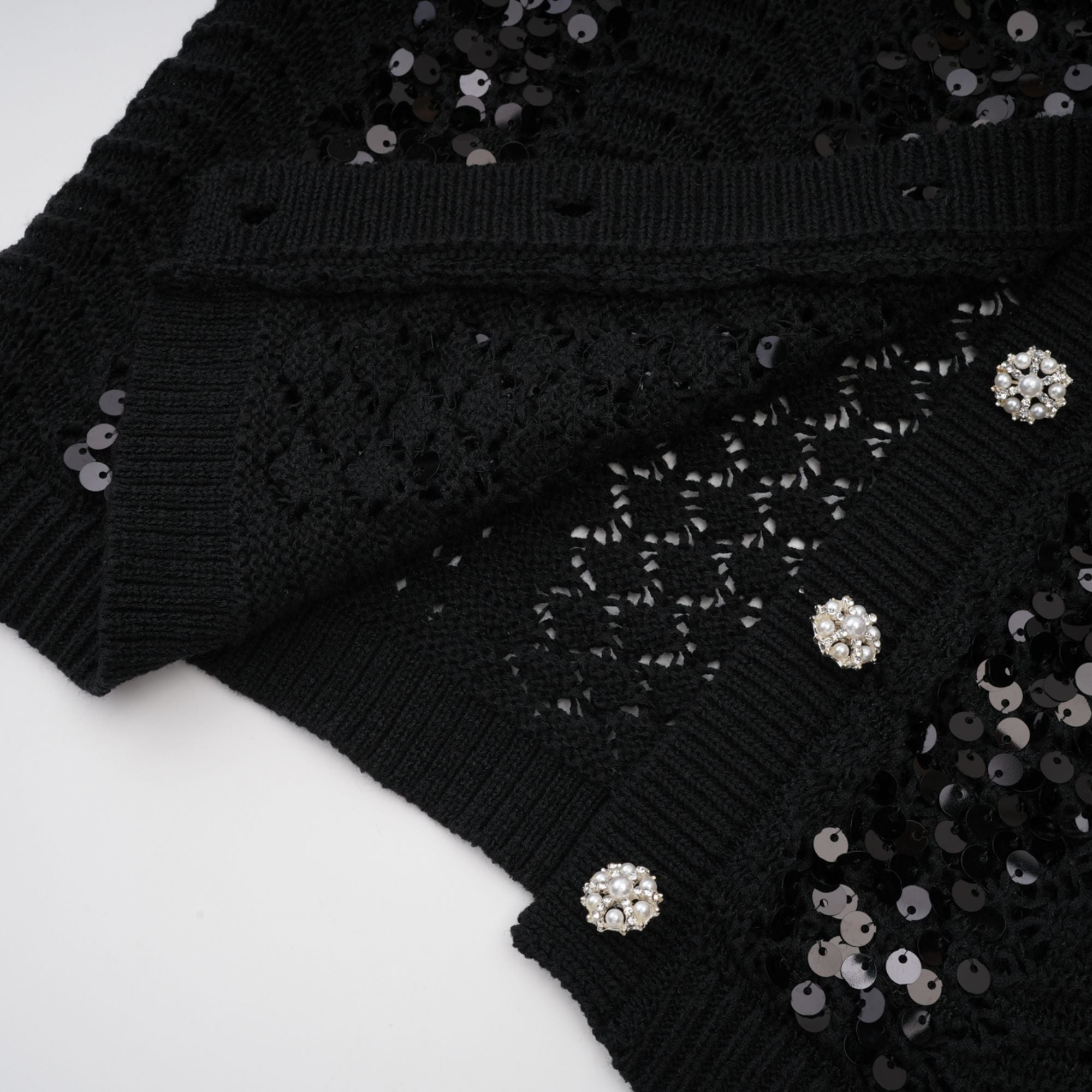 Ophelie black sequined crochet-knit cardigan & skirt matching set