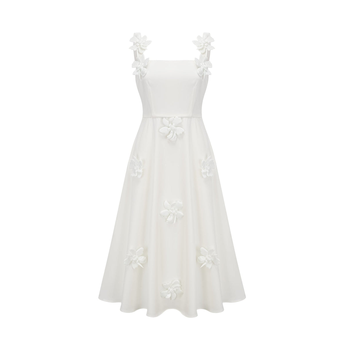 Ariane white faux-flower square-neck midi dress
