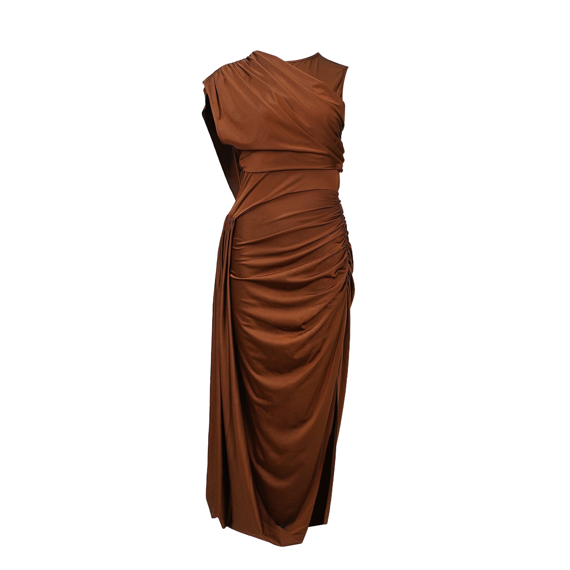 Reine Brown Asymmetrical Ruched Maxi Dress