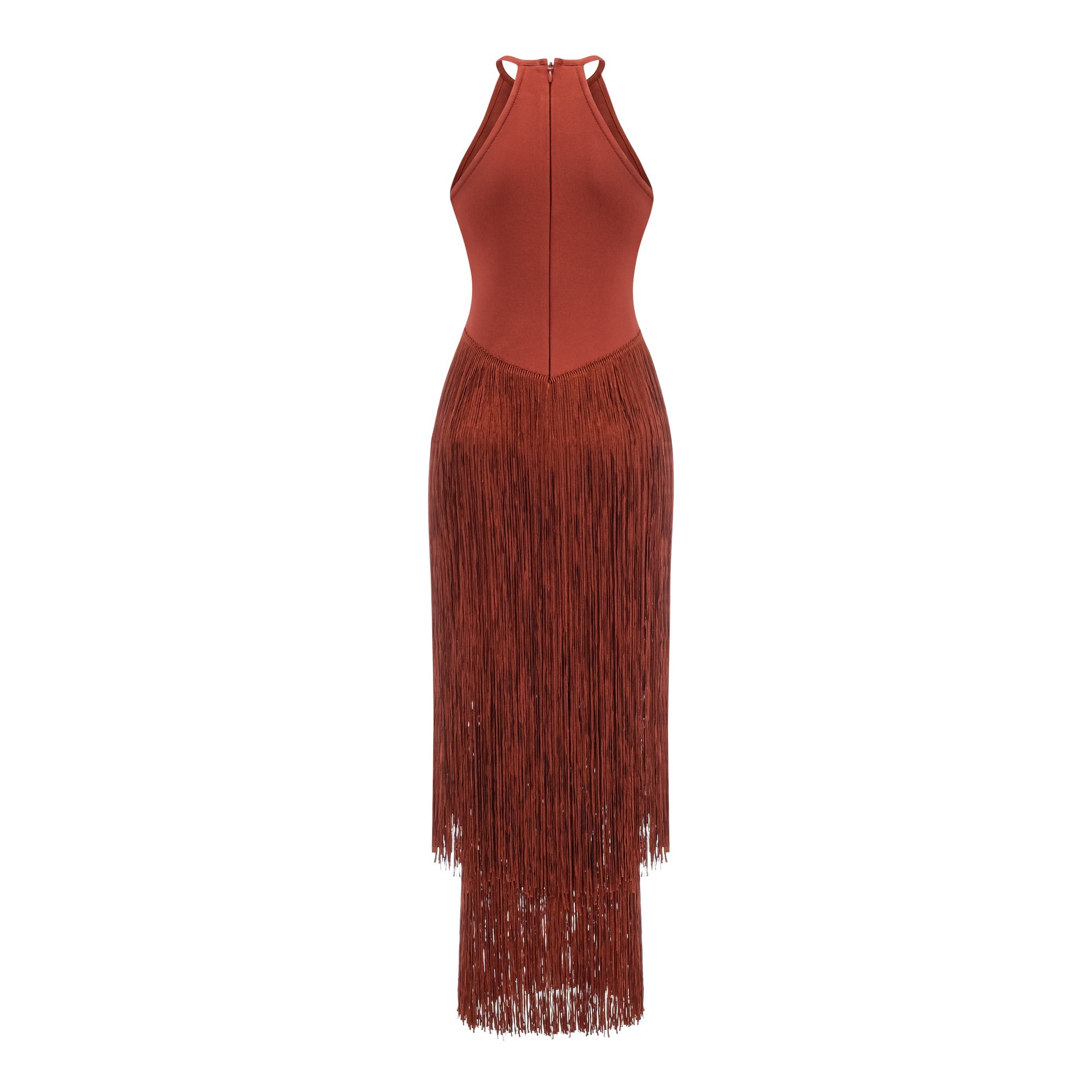 Mélisande Rusty Red Halterneck Fringed Maxi Gown
