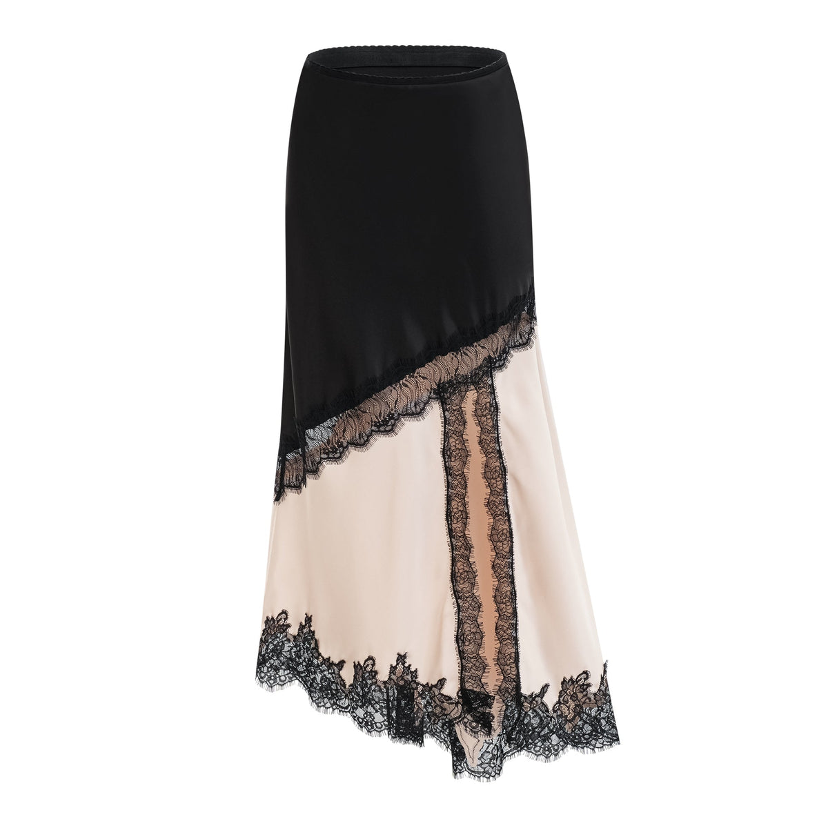 Raphaëlle lace-panel asymmetrical satin skirt