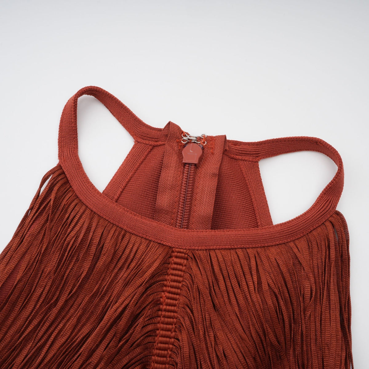 Mélisande Rusty Red Halterneck Fringed Maxi Gown