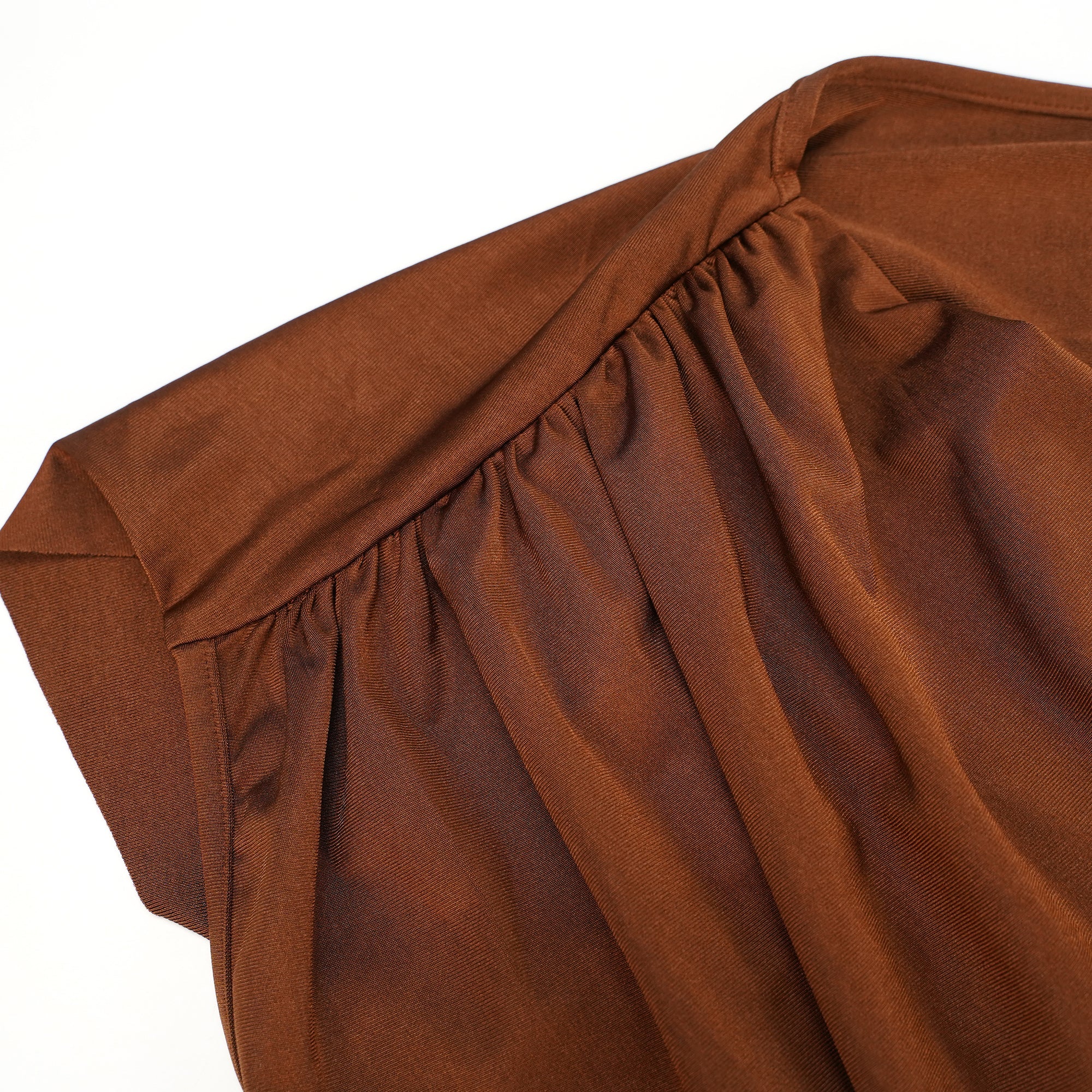 Reine Brown Asymmetrical Ruched Maxi Dress