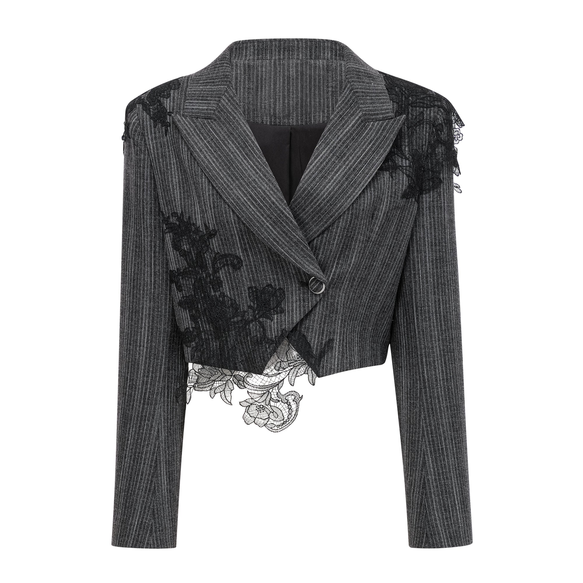 Sidonie Grey Floral Appliqué Striped Blazer & Skirt Set (Final Sale-US Only)