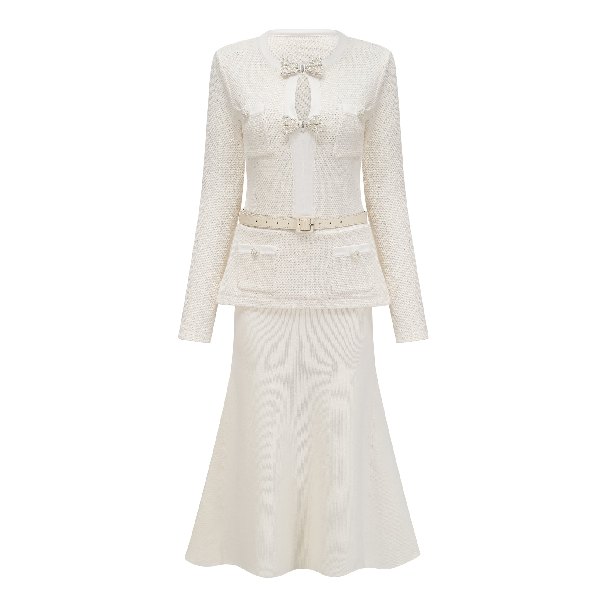 Adélade White Embellished Knit Midi Dress