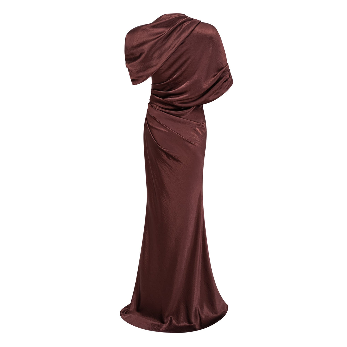 Luisa Brown Asymmetrical Gathered Satin Maxi Dress