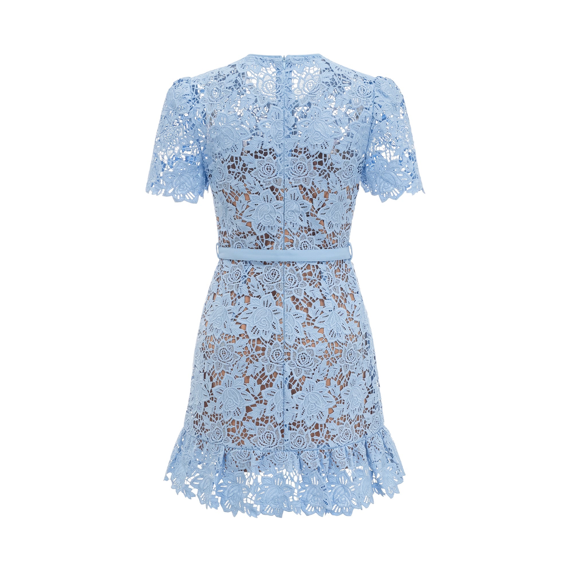 Ariane blue floral-appliqué ruffled lace mini dress