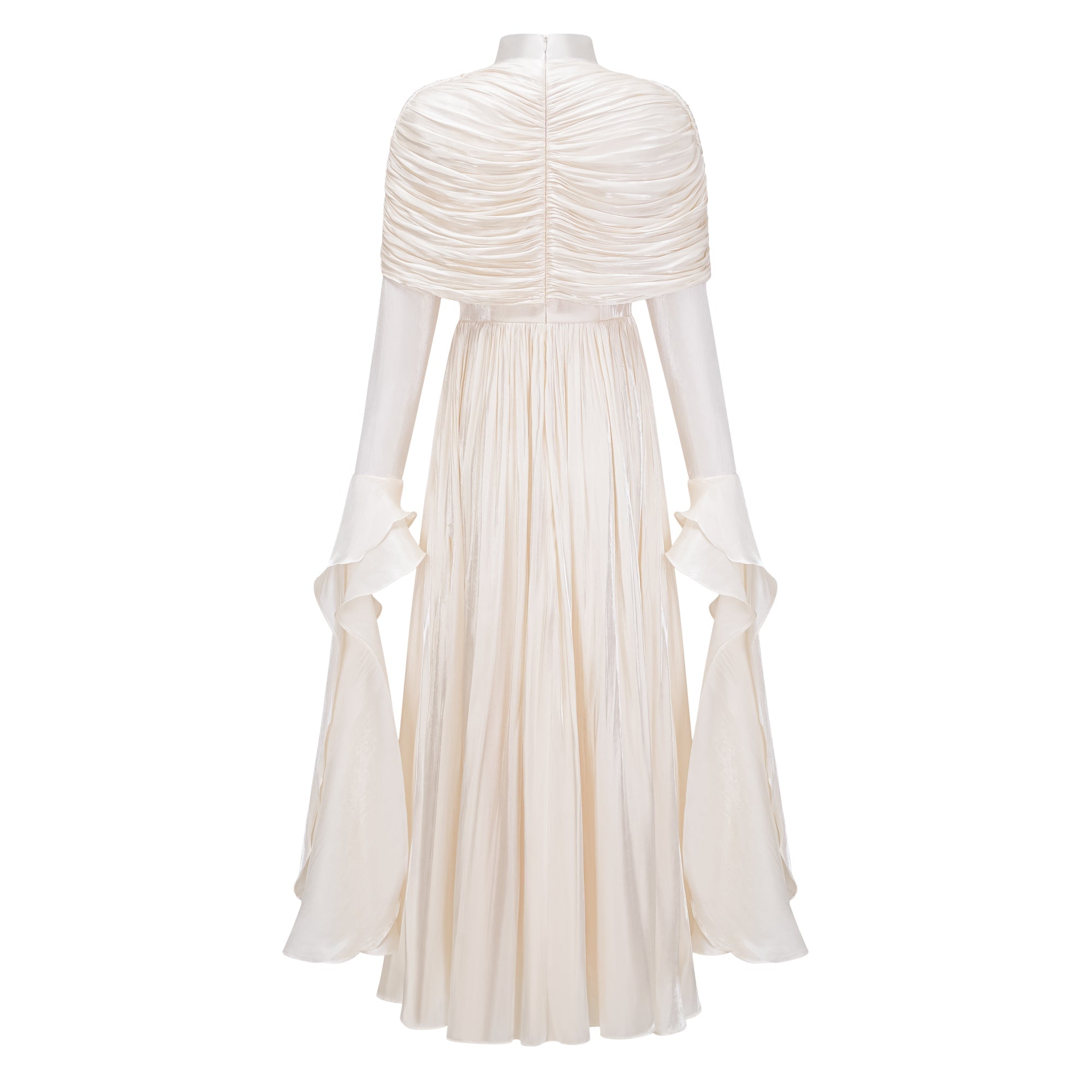 Gustave Neutral Ruched Cape Ruffled Maxi Dress (Final Sale-US Only)