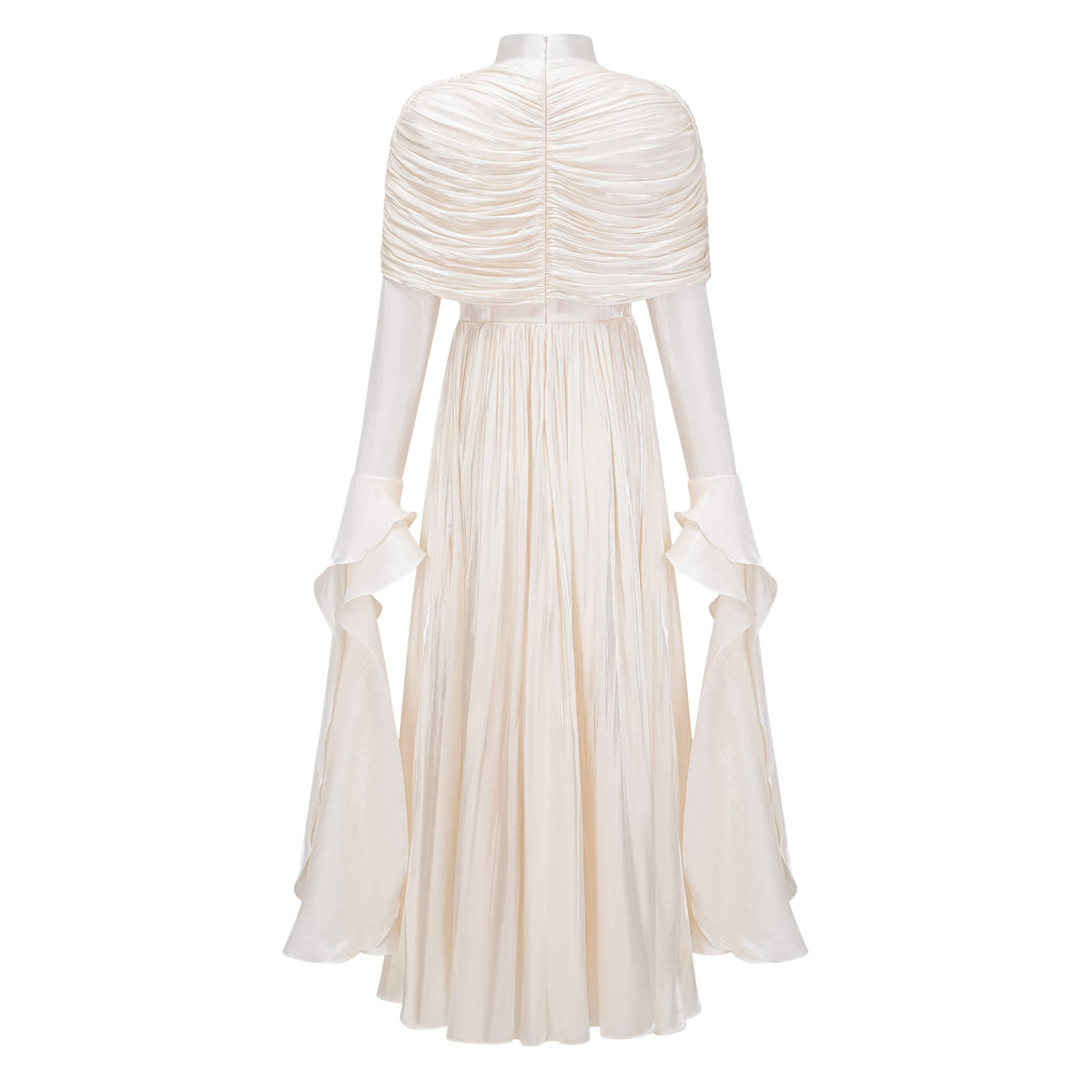 Gustave Neutral Ruched Cape Ruffled Maxi Dress (Final Sale-US Only)