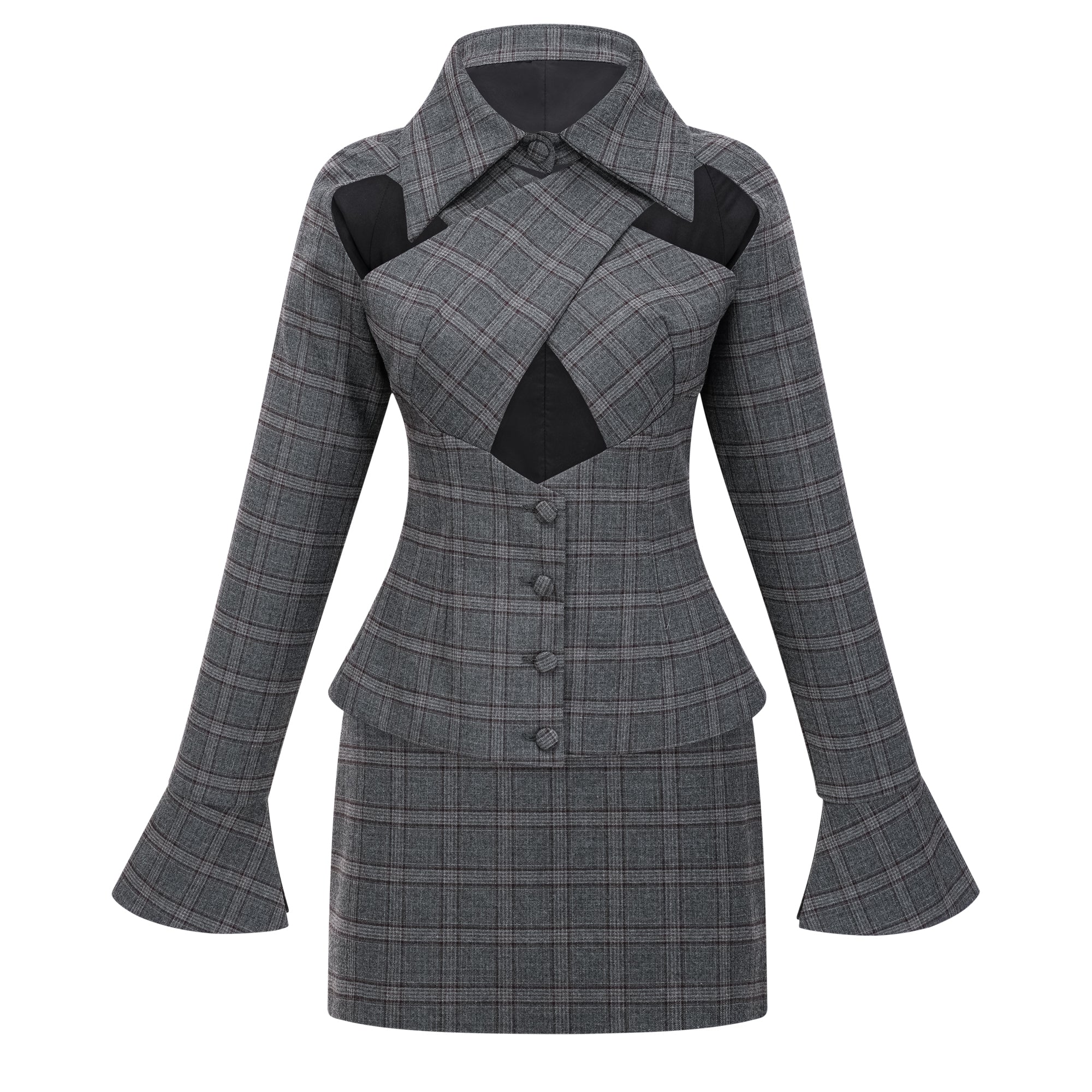 Serena Grey Cut Out Checked Blazer & Skirt Set