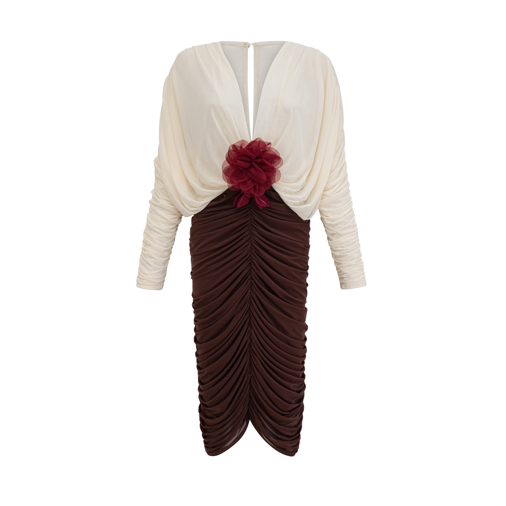 Léontine color-blocked flower-brooch ruched midi dress (Final Sale)