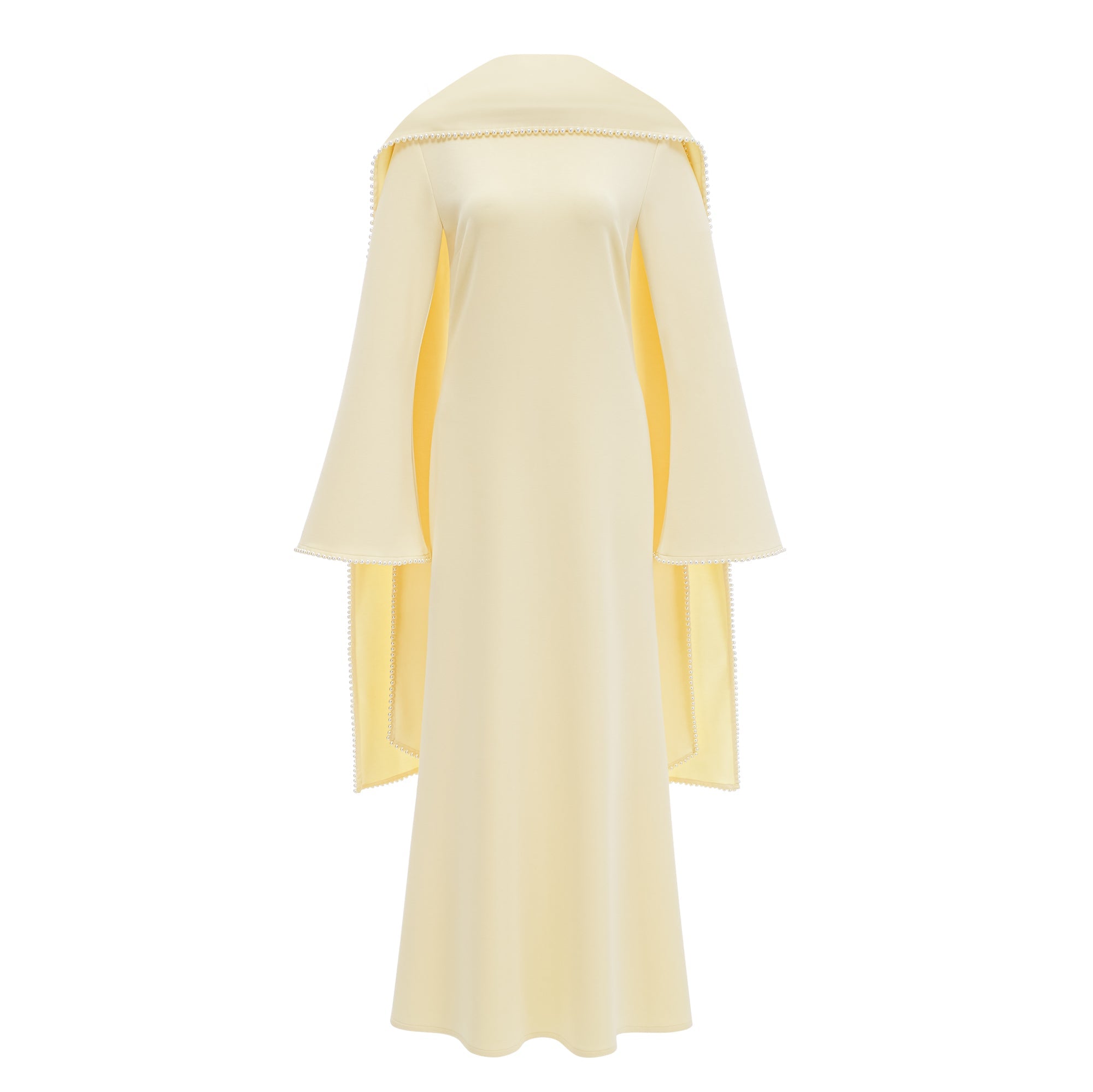 Piroska Yellow Pearl Trim Shawl Detail Maxi Dress