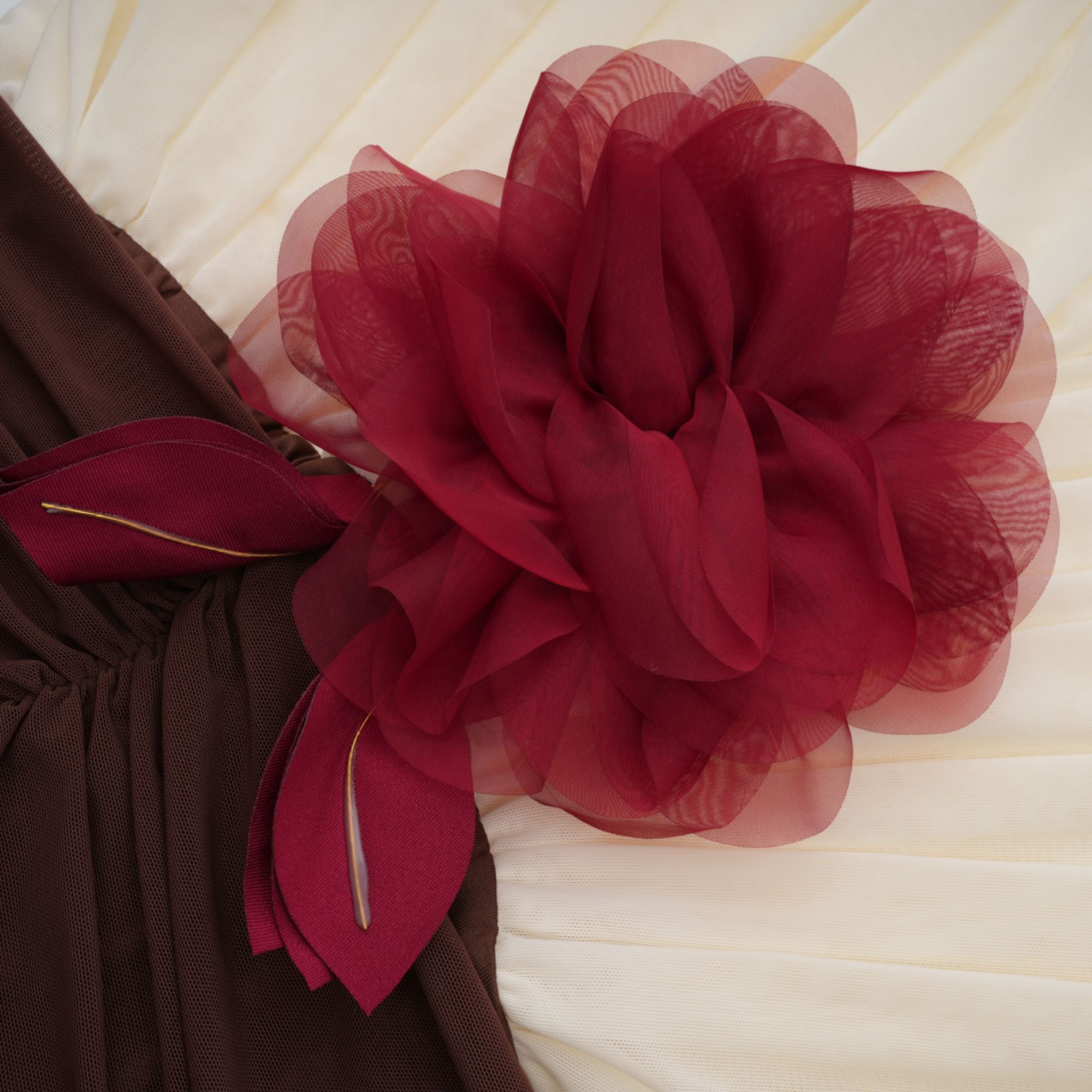 Léontine color-blocked flower-brooch ruched midi dress (Final Sale)