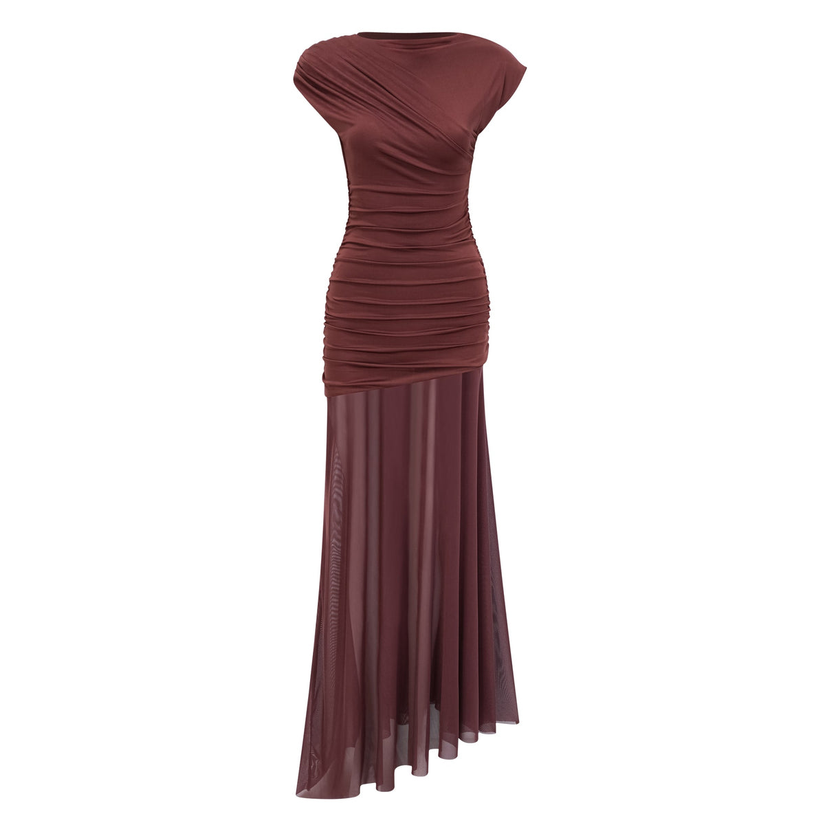 Seren Brown Ruched Tulle Panel Maxi Dress (Final Sale)