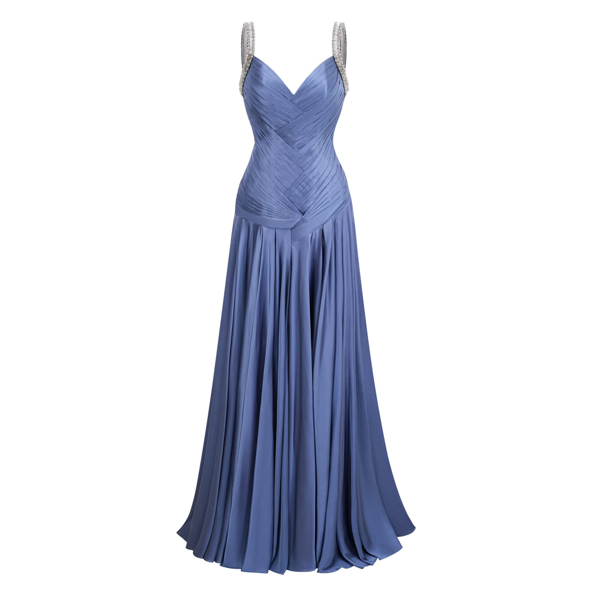 angelína blue diagonal pleated gathered maxi gown