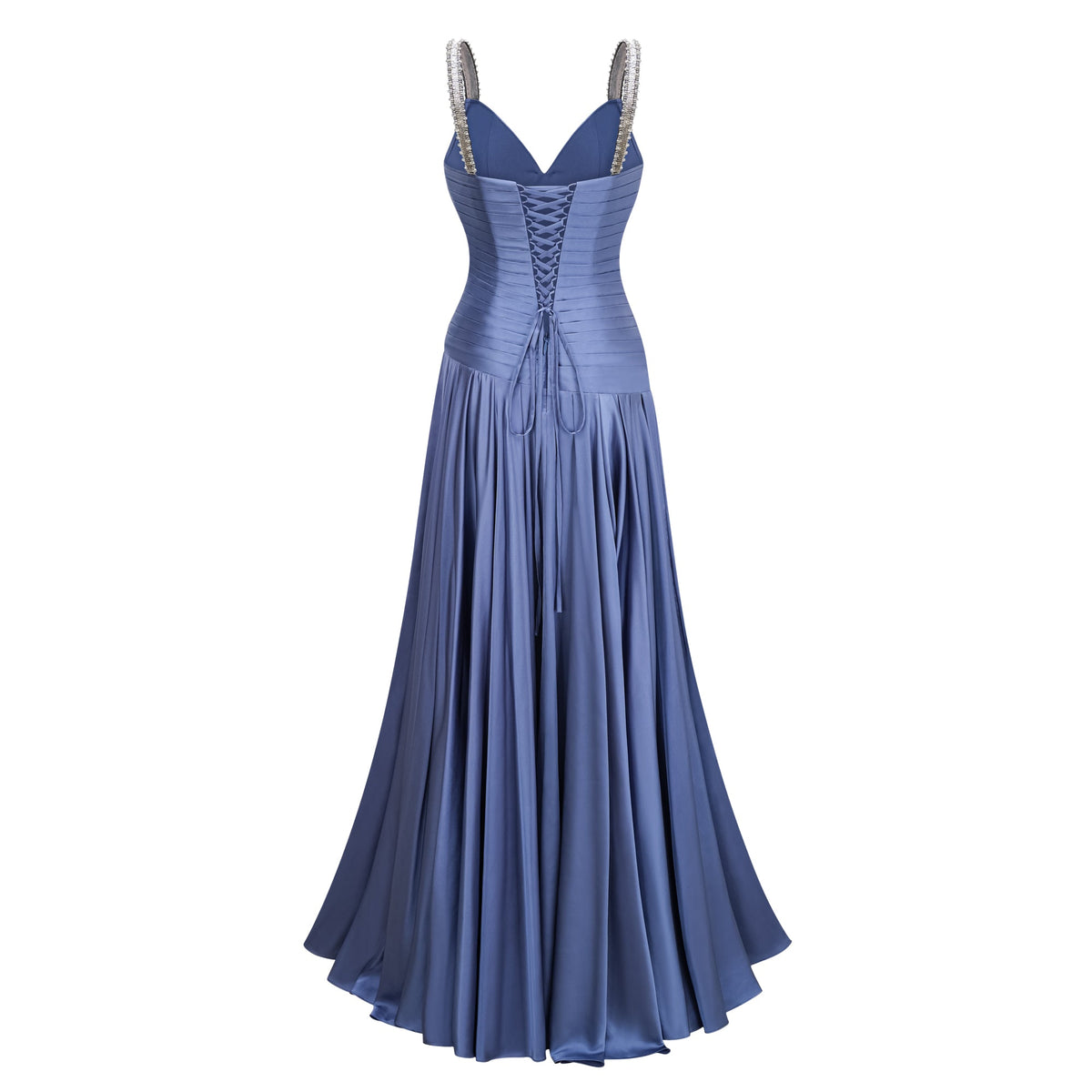 angelína blue diagonal pleated gathered maxi gown