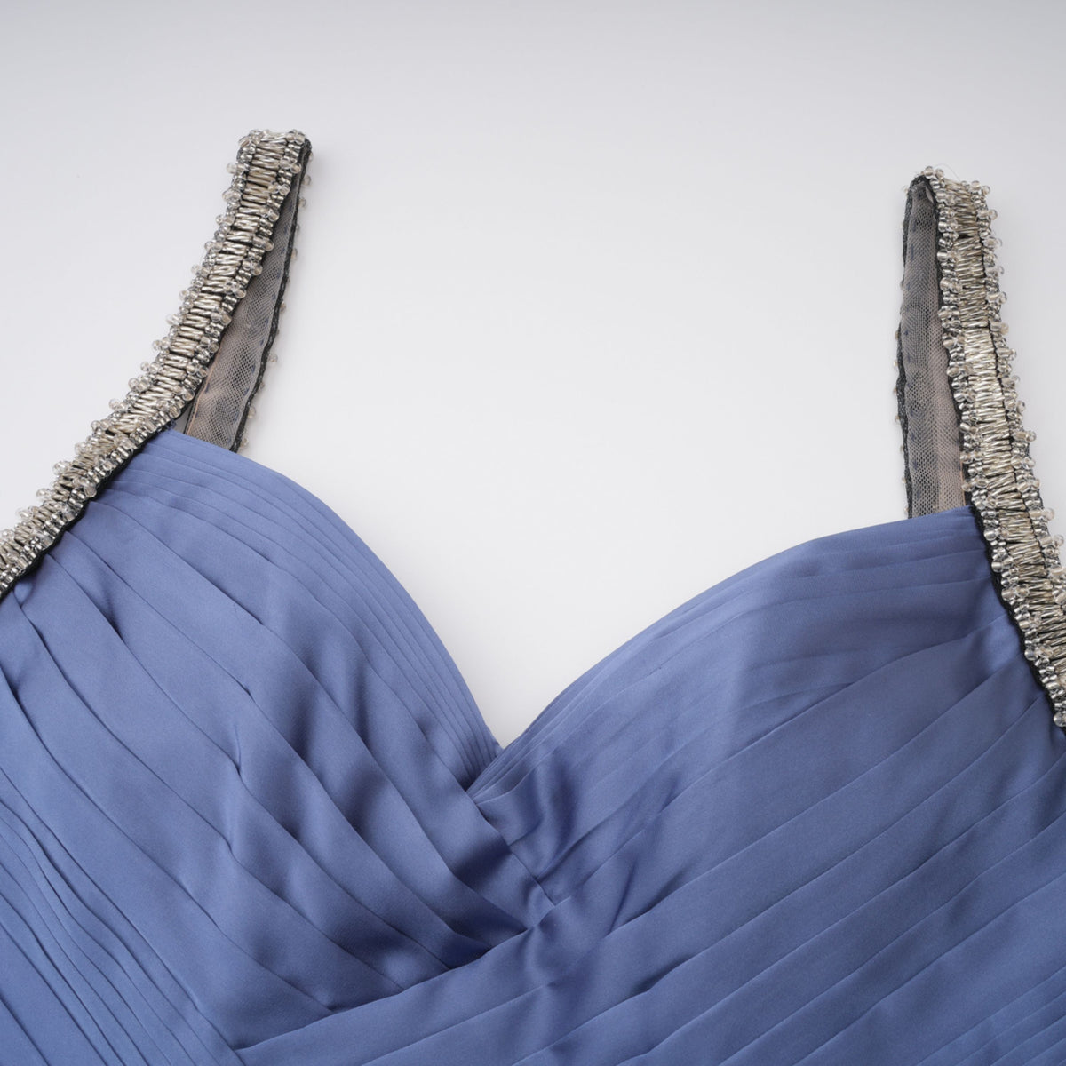 angelína blue diagonal pleated gathered maxi gown