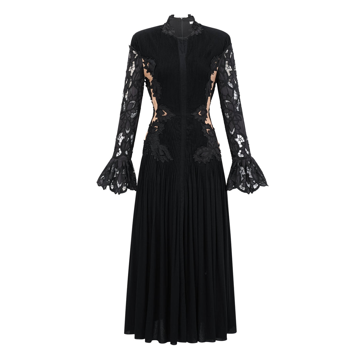 Chiara Black Lace Panel Pleated Midi Dress (Final Sale-US Only)