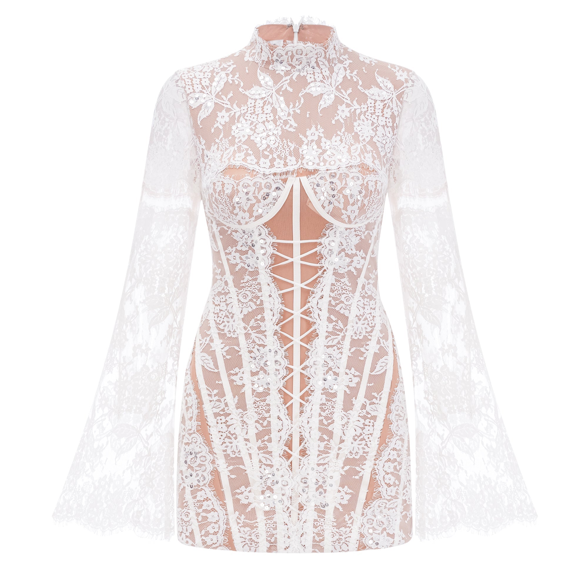 Bulelwa White Semi-Sheer Floral Lace Mini Dress