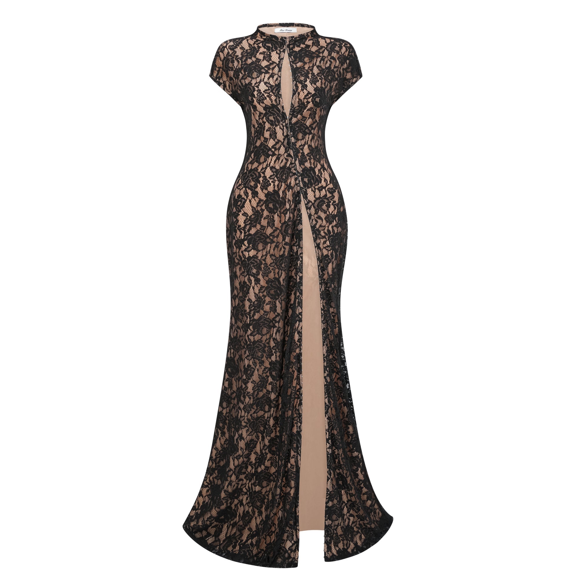 Andrea Black Keyhole Lace Maxi Dress with High Thigh Slit (Final Sale-US Only)