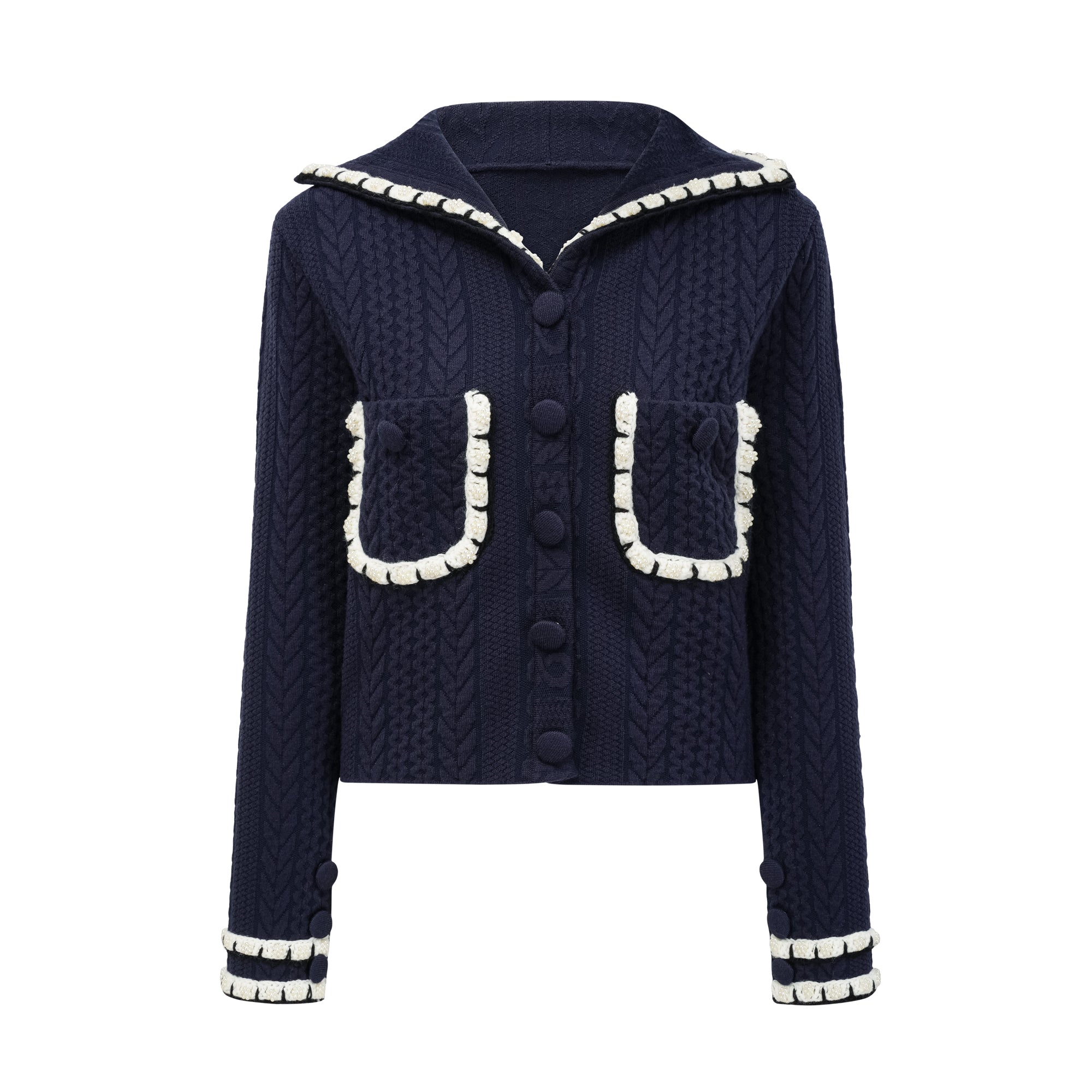 Elvira navy blue crochet-knit cardigan & trousers matching set (Final Sale-US Only)