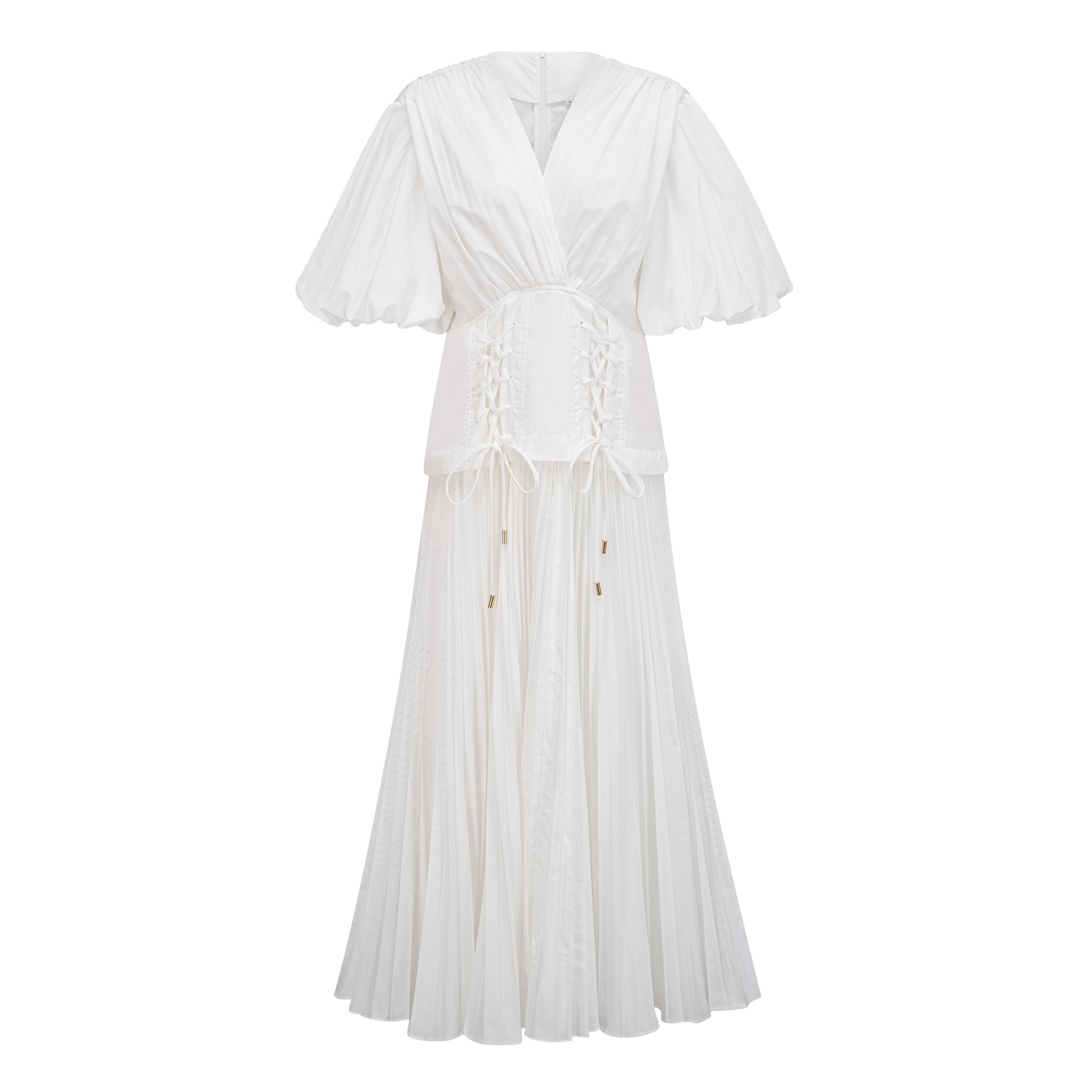 Vienne White Lace-Up Pleated Maxi Dress (Final Sale-US Only)