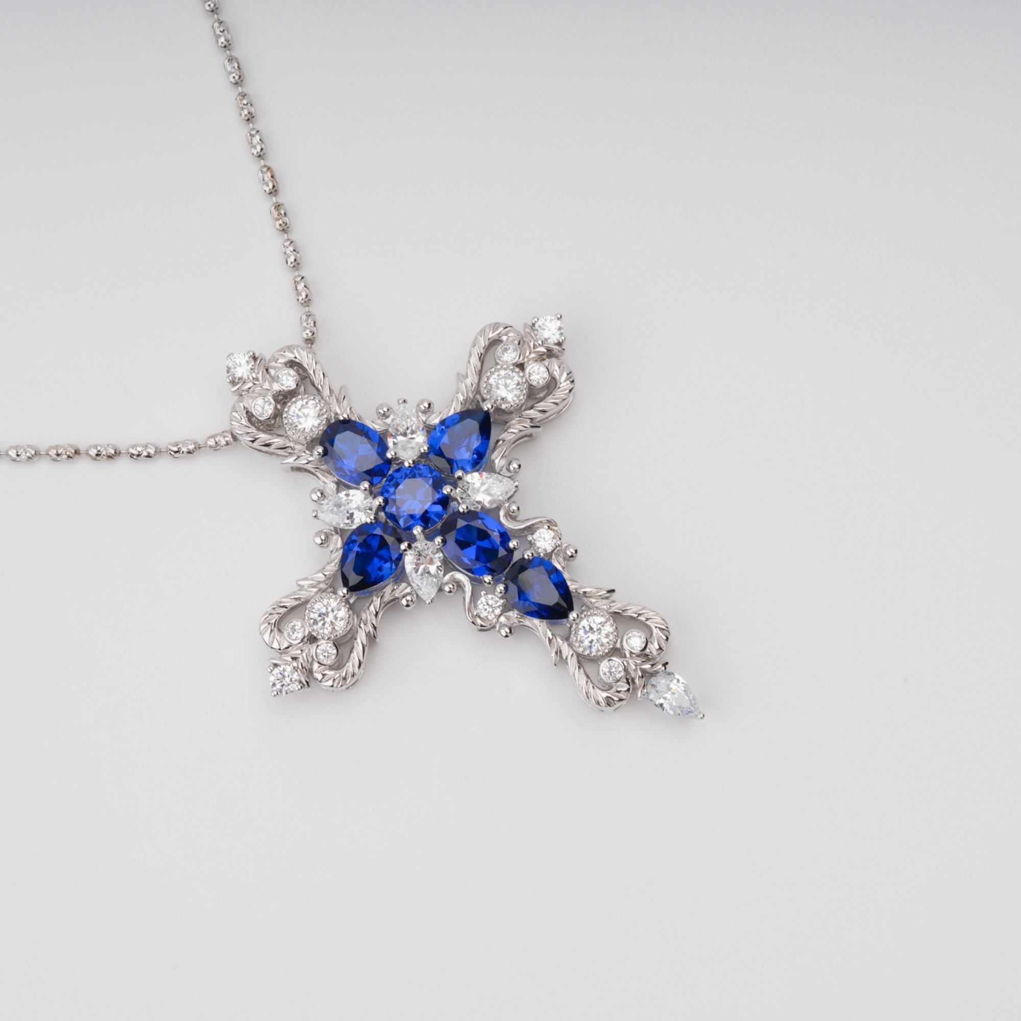 Tuulikki Blue Cross Shaped Pear Cut Gemstone Pendant Sterling Silver Necklace