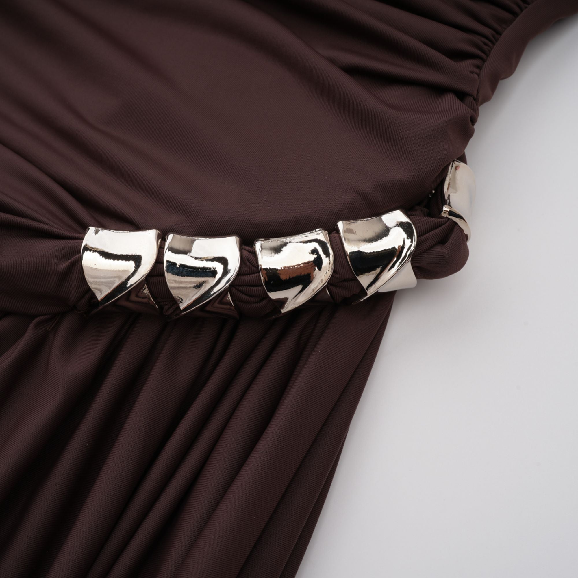 Prune Brown Night Out Asymmetrical Ruched Midi Dress
