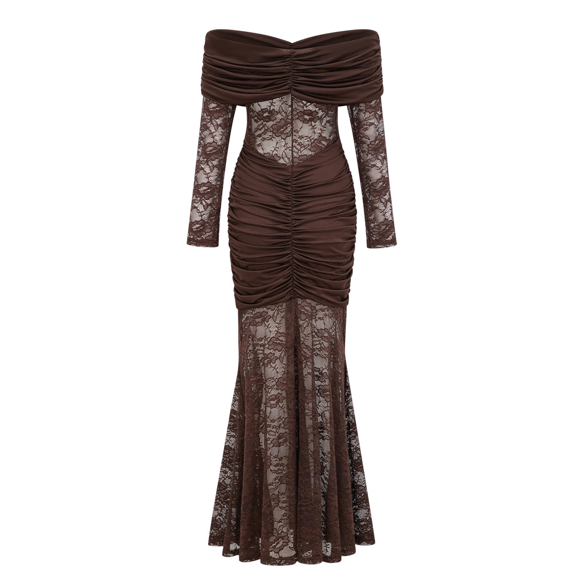 Brigitte Brown Lace Panel Ruched Maxi Dress (Final Sale-US Only)
