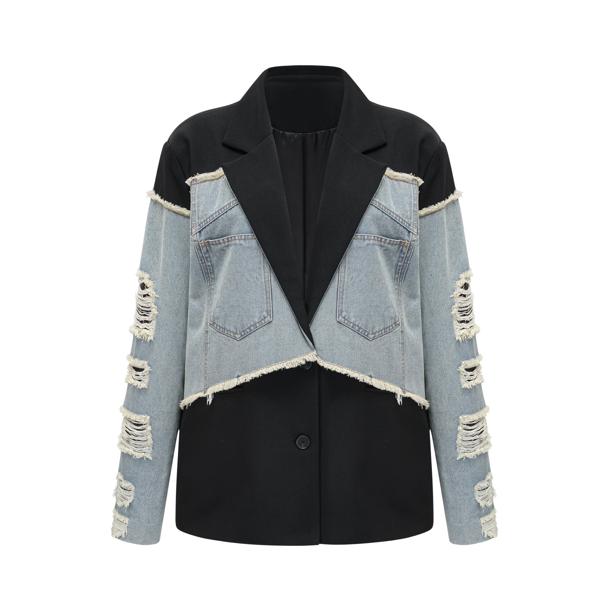 Halley black denim-panel ripped blazer