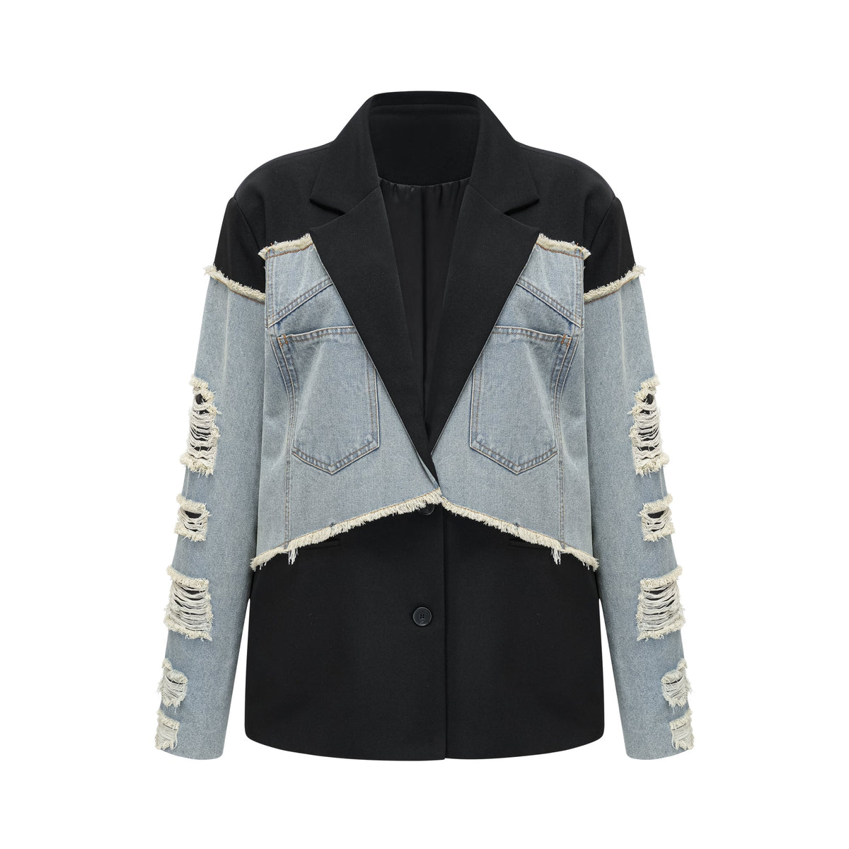Halley black denim-panel ripped blazer