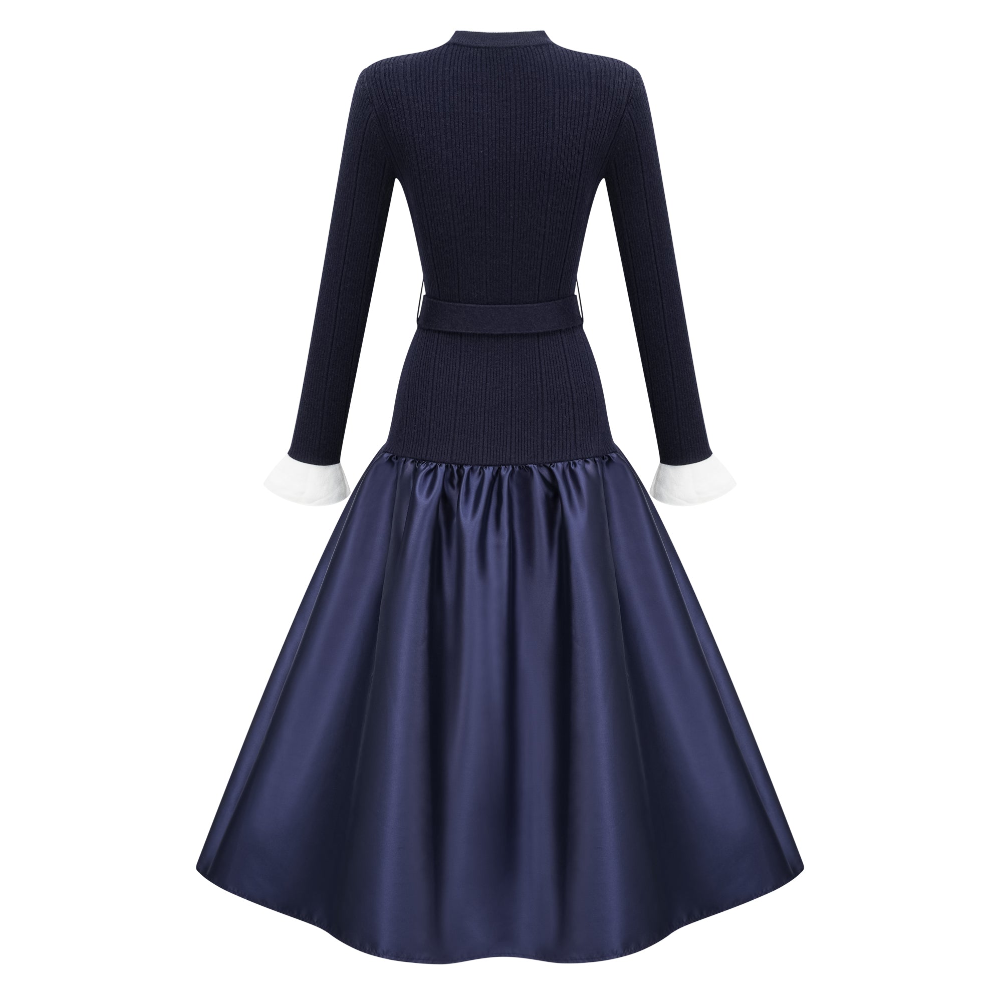 Fern Navy Blue Satin Panel Knit Midi Dress (Final Sale)