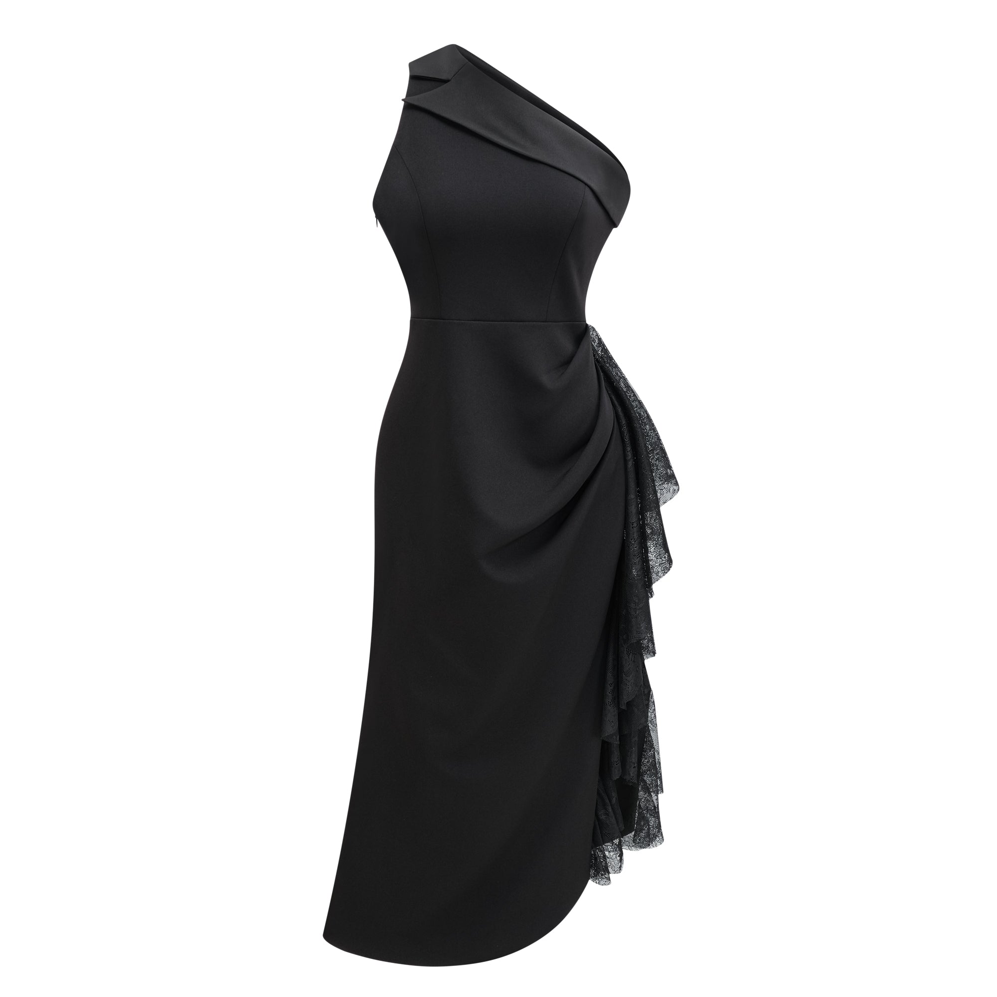 Bernadette black lace-panell asymmetrical midi dress (Final Sale)