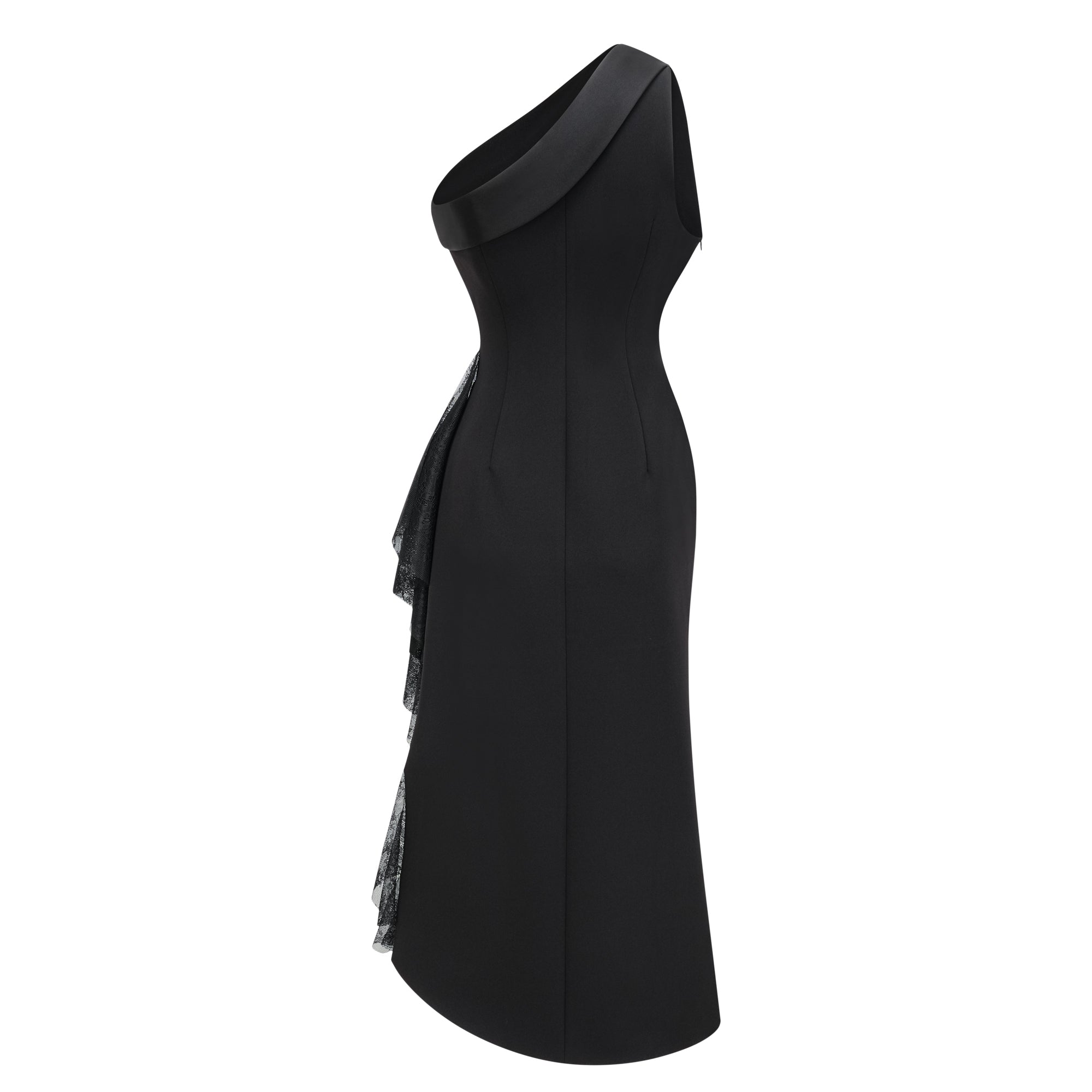 Bernadette black lace-panell asymmetrical midi dress (Final Sale)