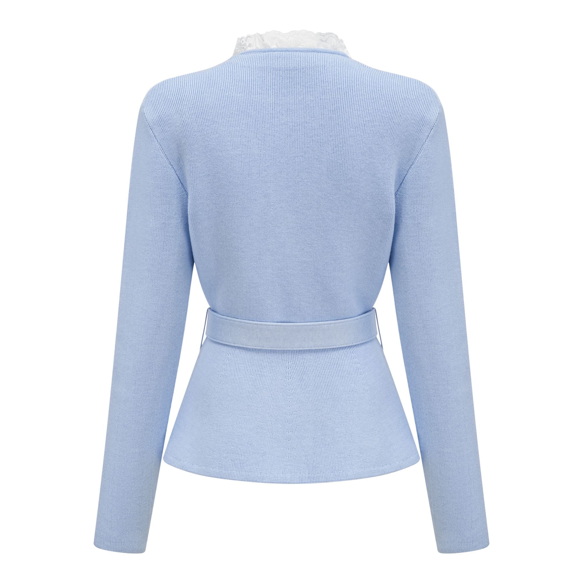 Irina Blue Embellished Ruffled Ribbed Knit Cardigan