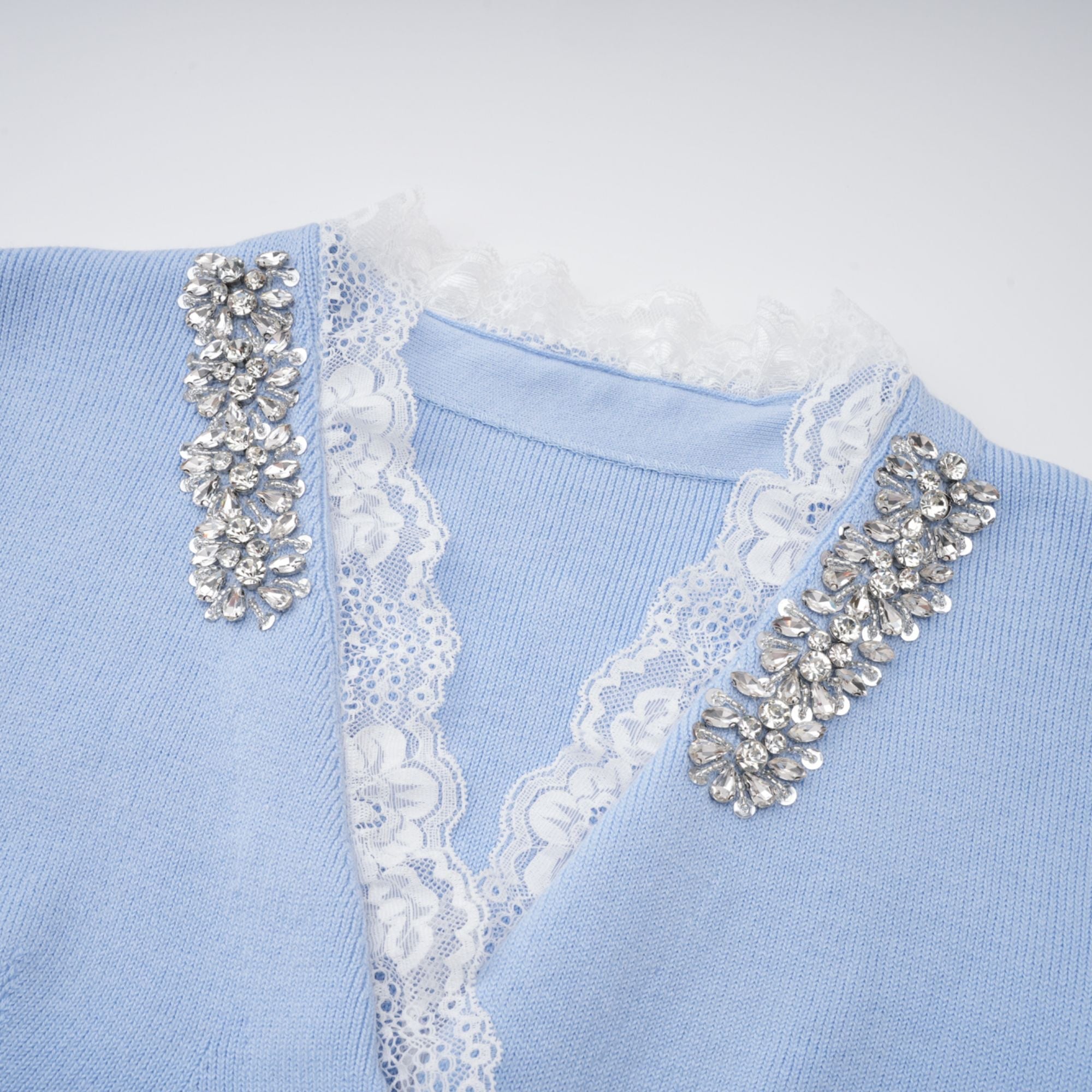 Irina Blue Embellished Ruffled Ribbed Knit Cardigan (Final Sale)