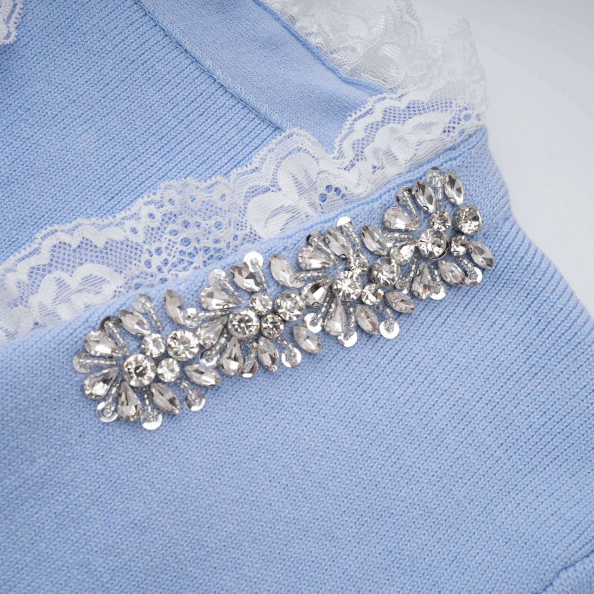 Irina Blue Embellished Ruffled Ribbed Knit Cardigan (Final Sale)
