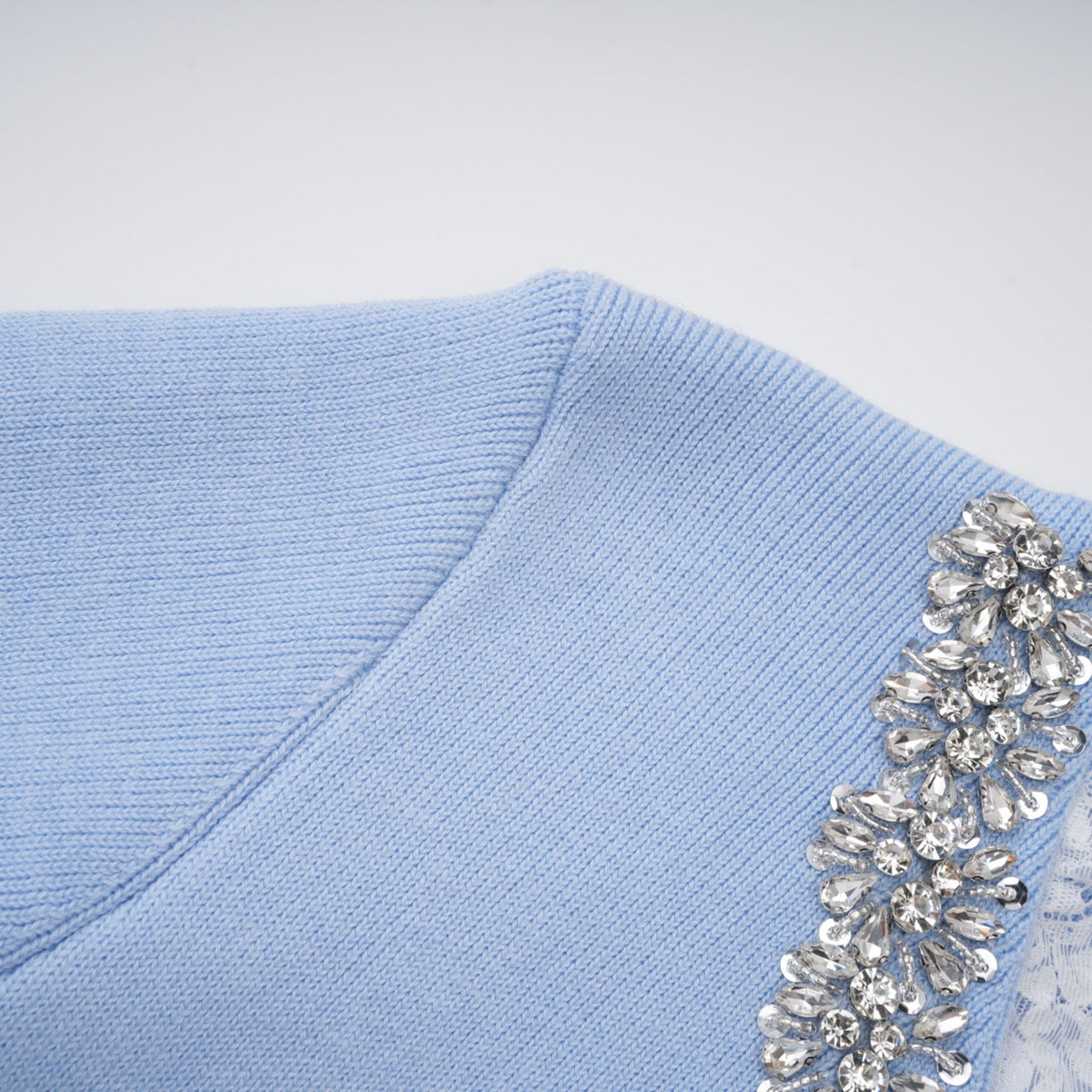 Irina Blue Embellished Ruffled Ribbed Knit Cardigan (Final Sale)