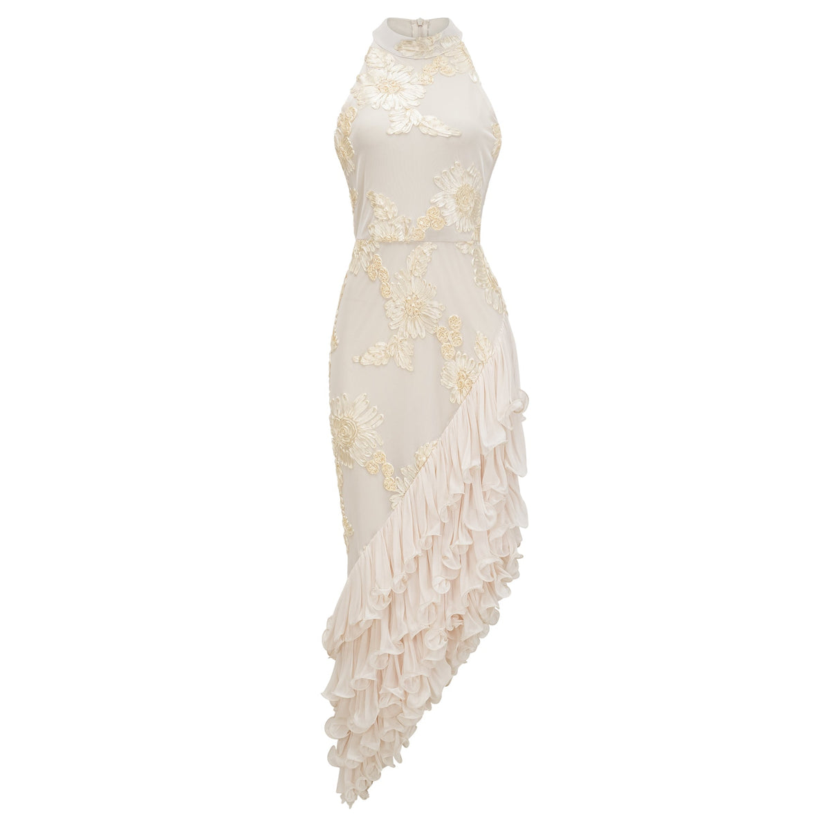 Théoline Neutral Asymmetrical Ruffled Floral Midi Dress (Final Sale-US Only)