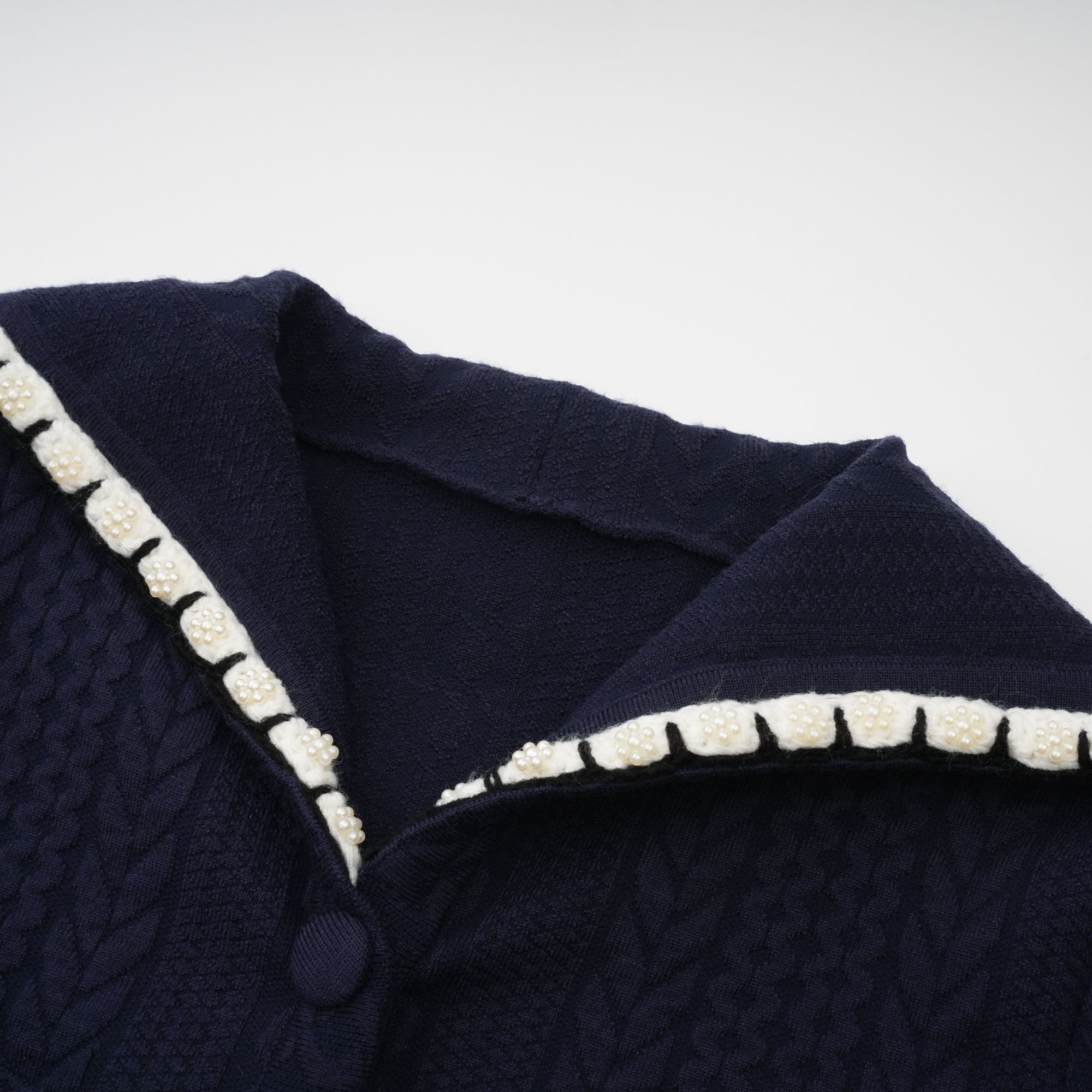 Elvira navy blue crochet-knit cardigan & trousers matching set (Final Sale)