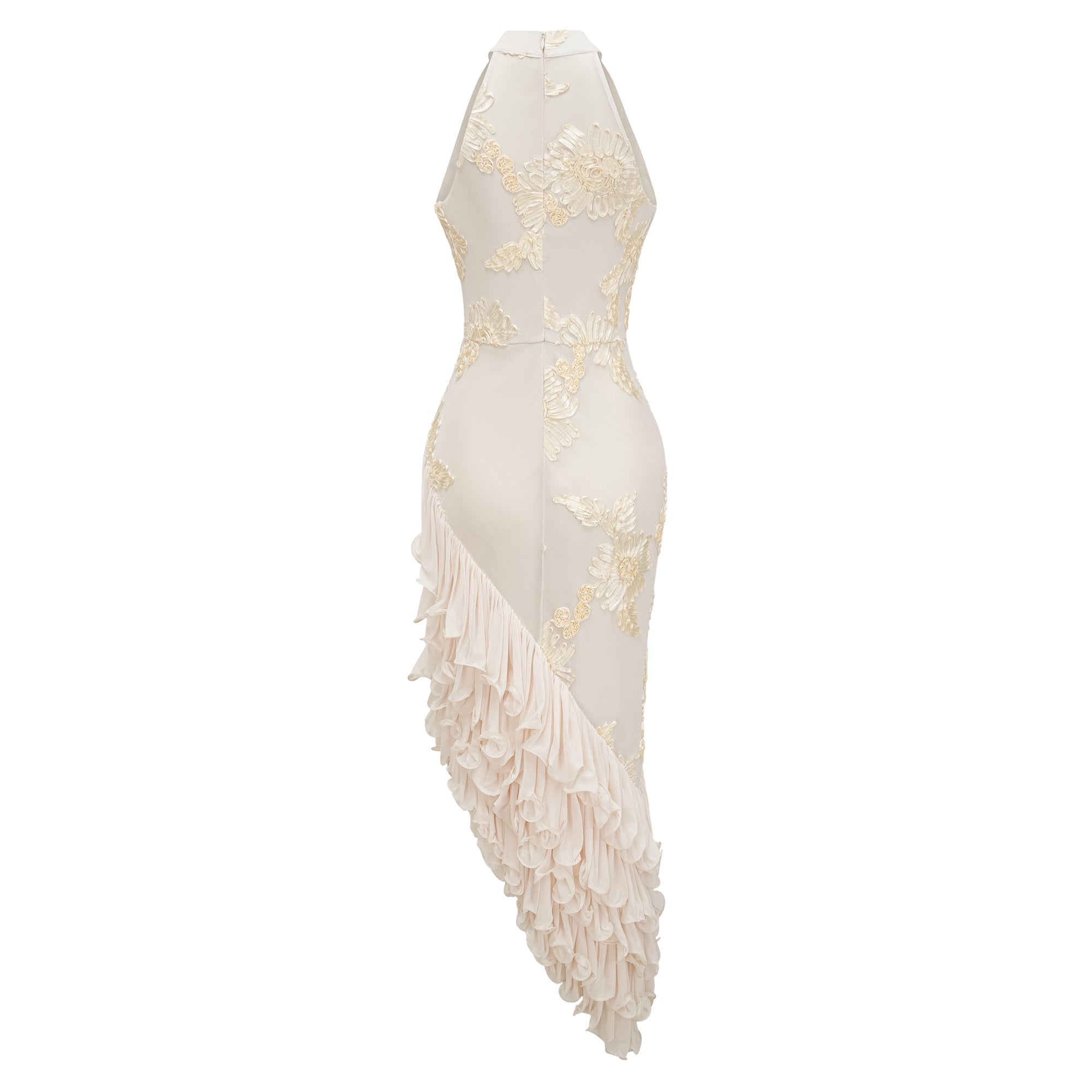 Théoline Neutral Asymmetrical Ruffled Floral Midi Dress (Final Sale-US Only)