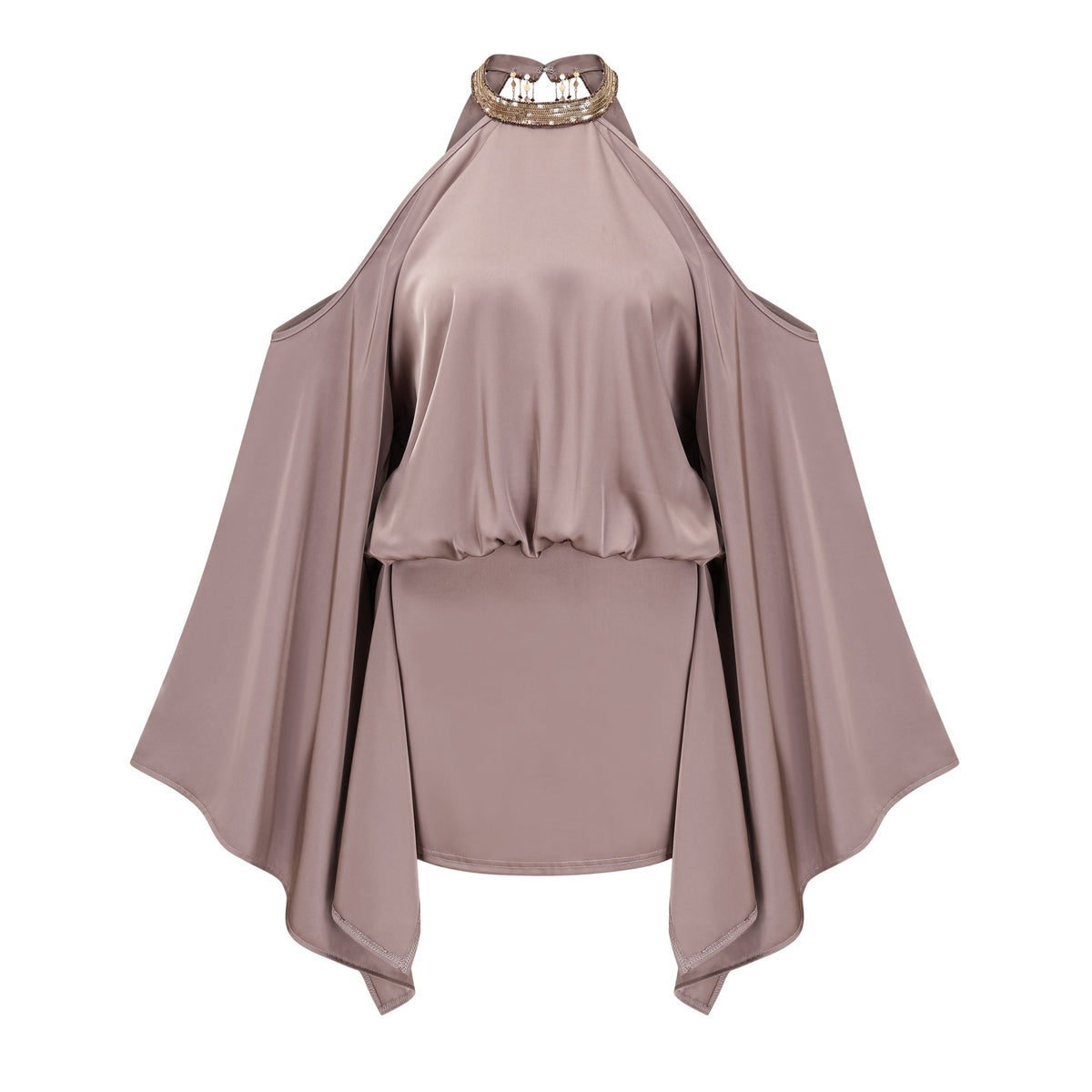 Jimena Brown Cold Shoulder Embellished Mini Dress