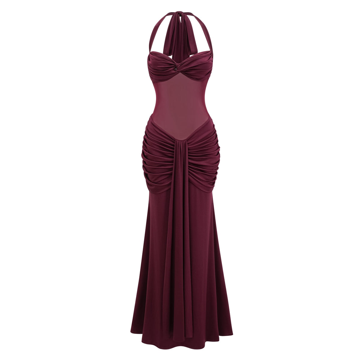 Amandine Burgundy Halterneck Gathered Maxi Dress (Final Sale-US Only)