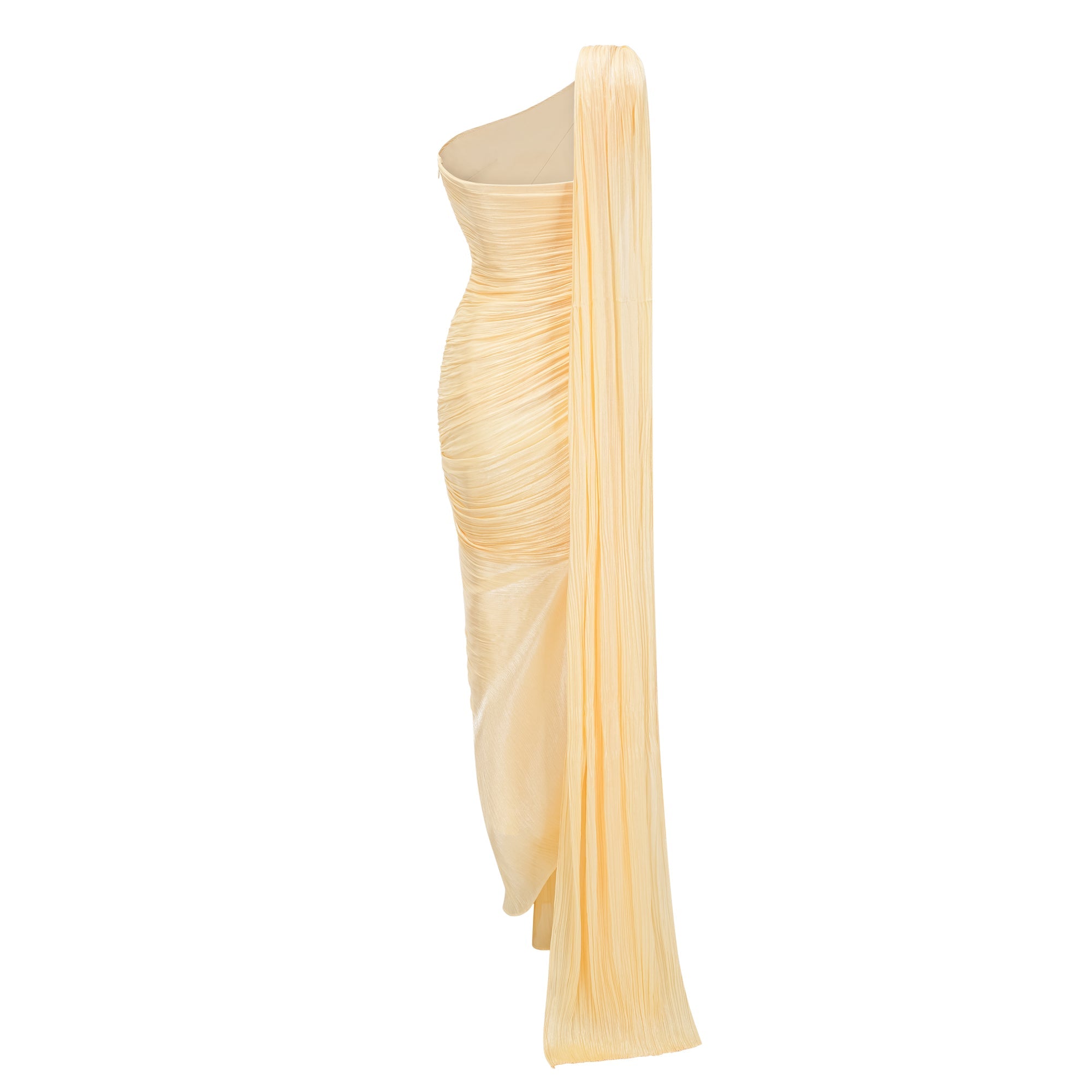 Meissa Yellow Asymmetrical Ruched Maxi Dress