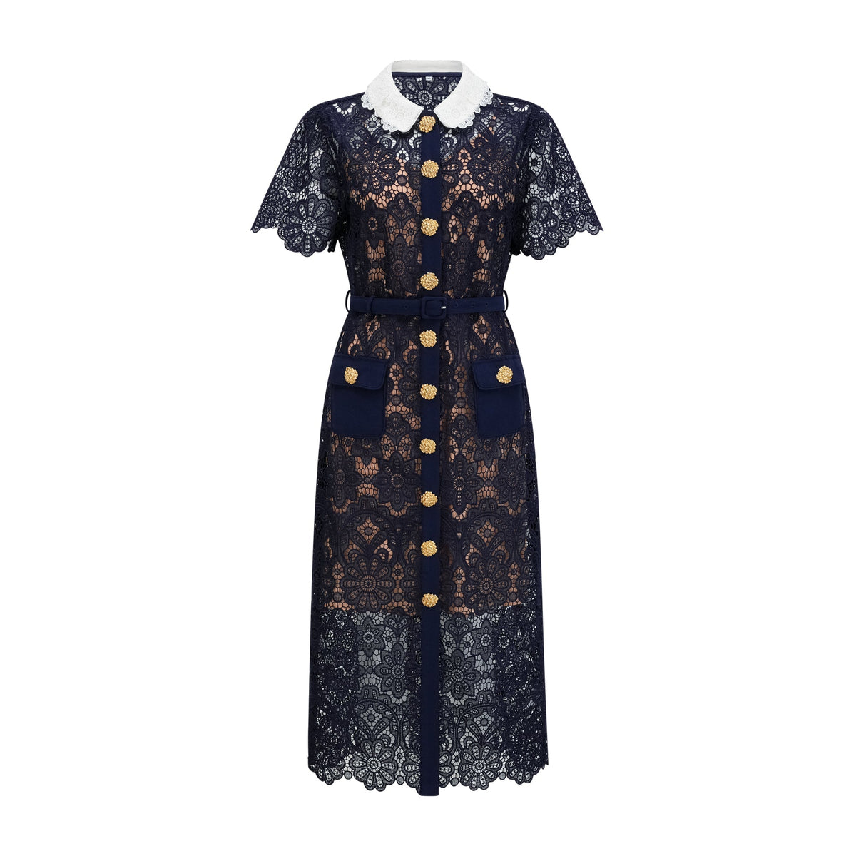 Ariane dark-blue floral crochet-lace midi dress