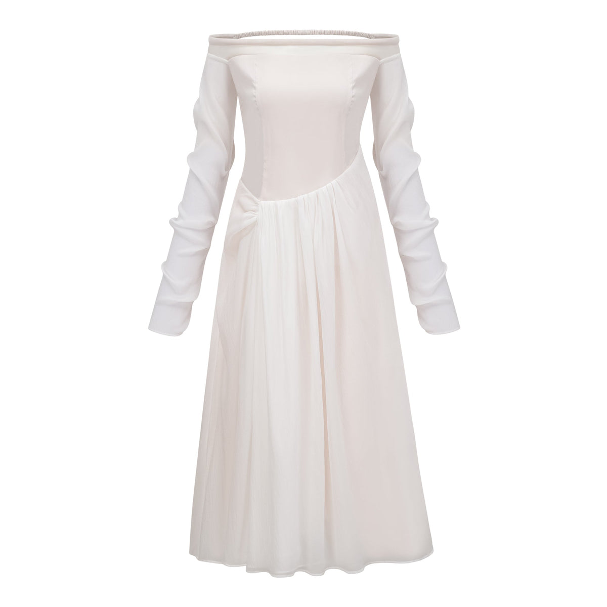 Gelsomina White Gathered Crepe Midi Dress