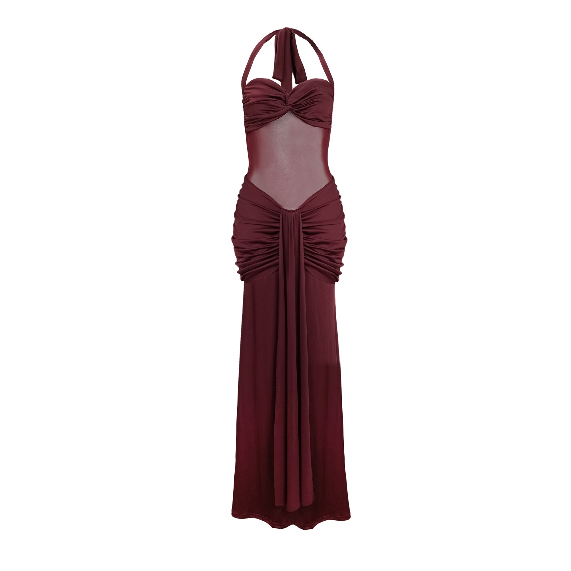 Amandine Burgundy Halterneck Gathered Maxi Dress