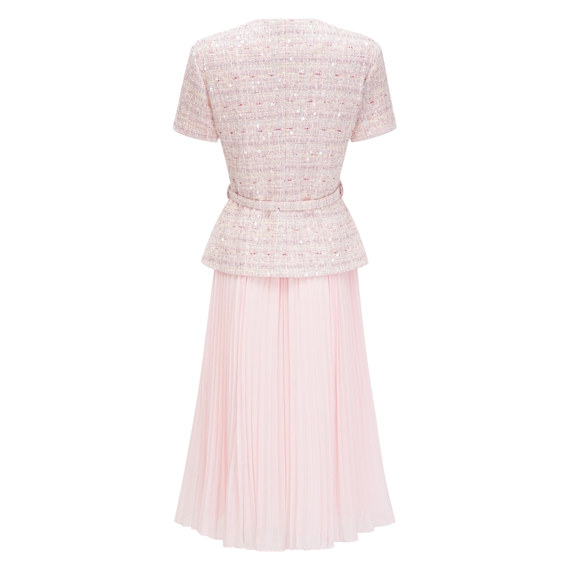 Tahmineh Pink Tweed Pleated Midi Dress