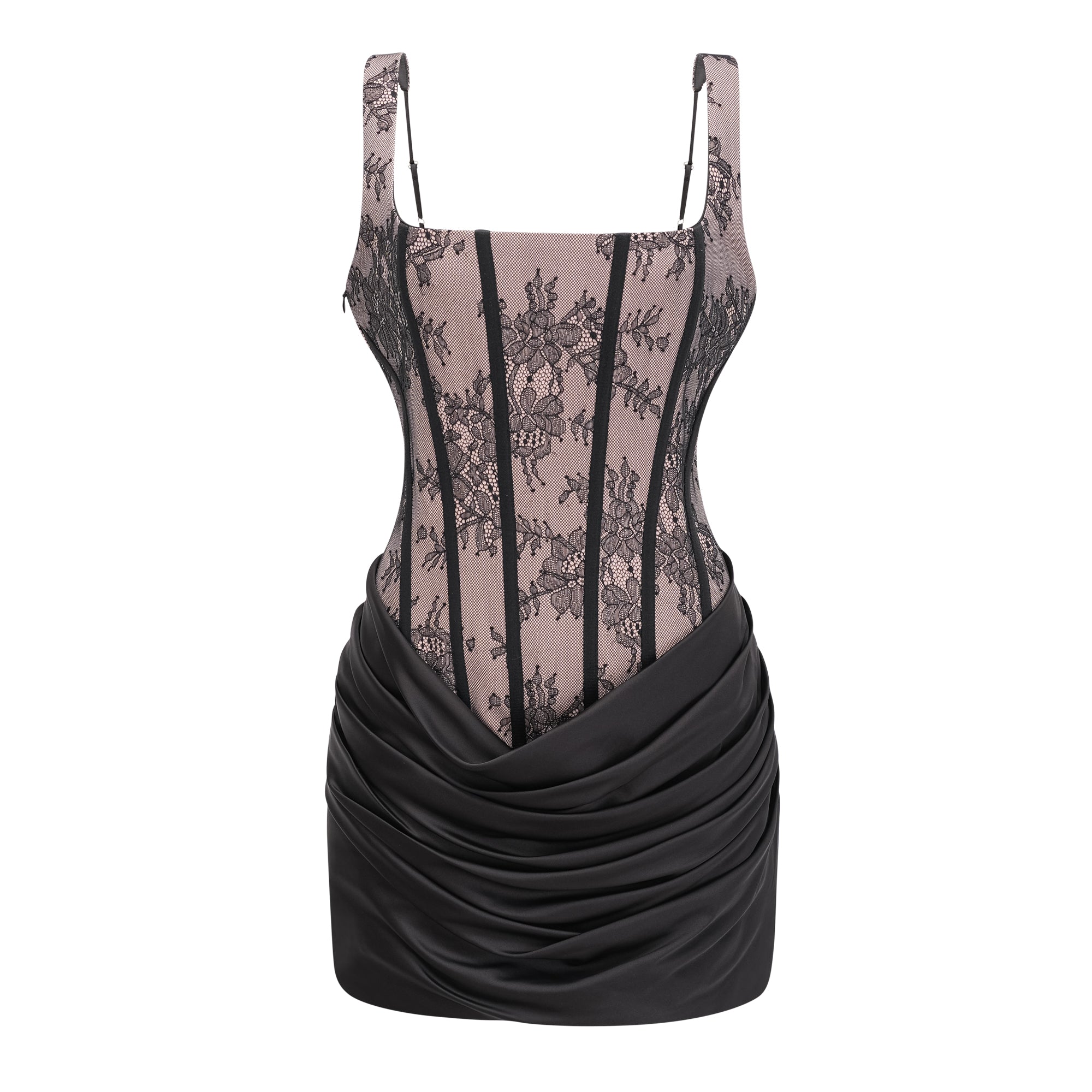 Olesya Black Ruched Mini Dress with Lace Panels