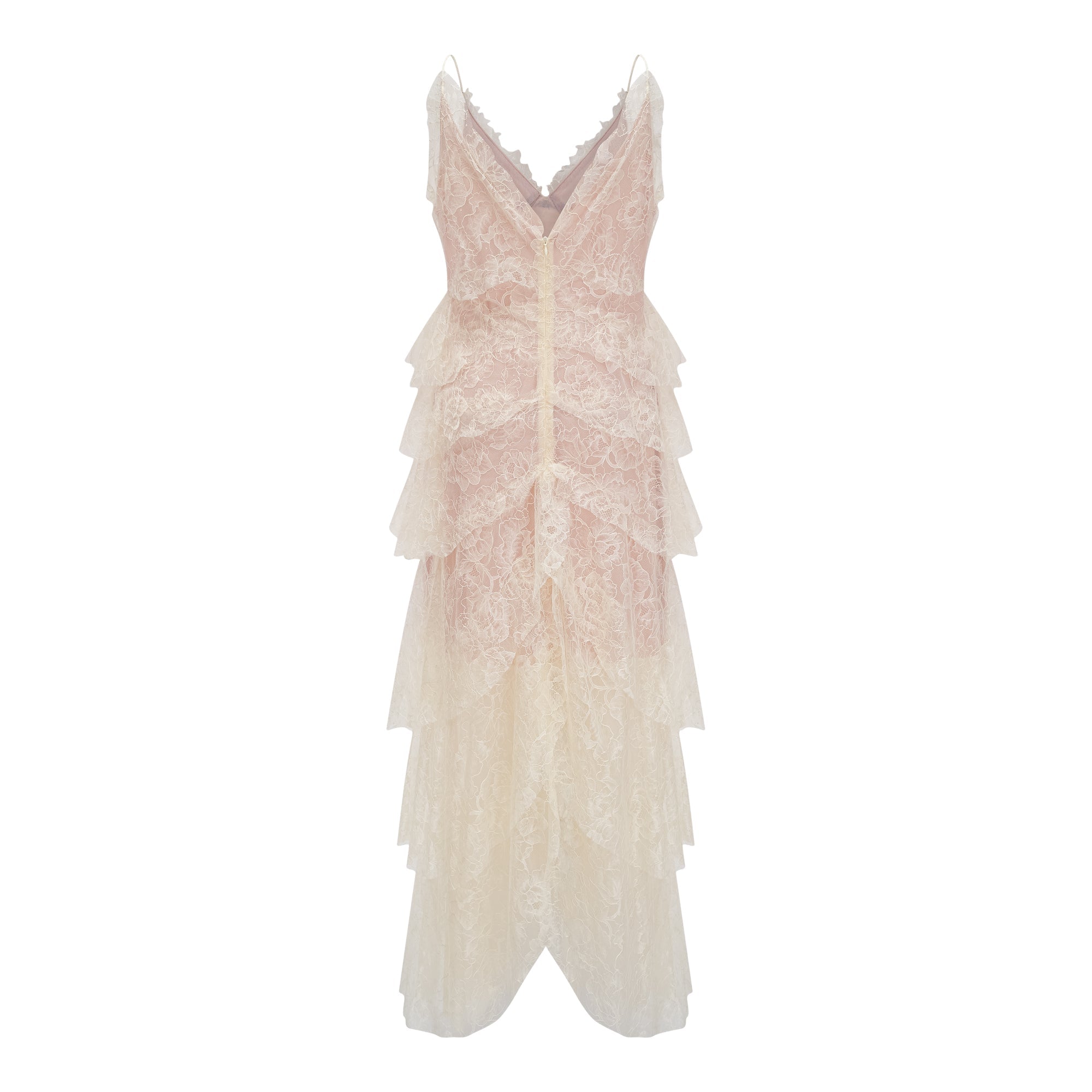 Atousa Cream Layered Floral Lace Maxi Dress with Bow